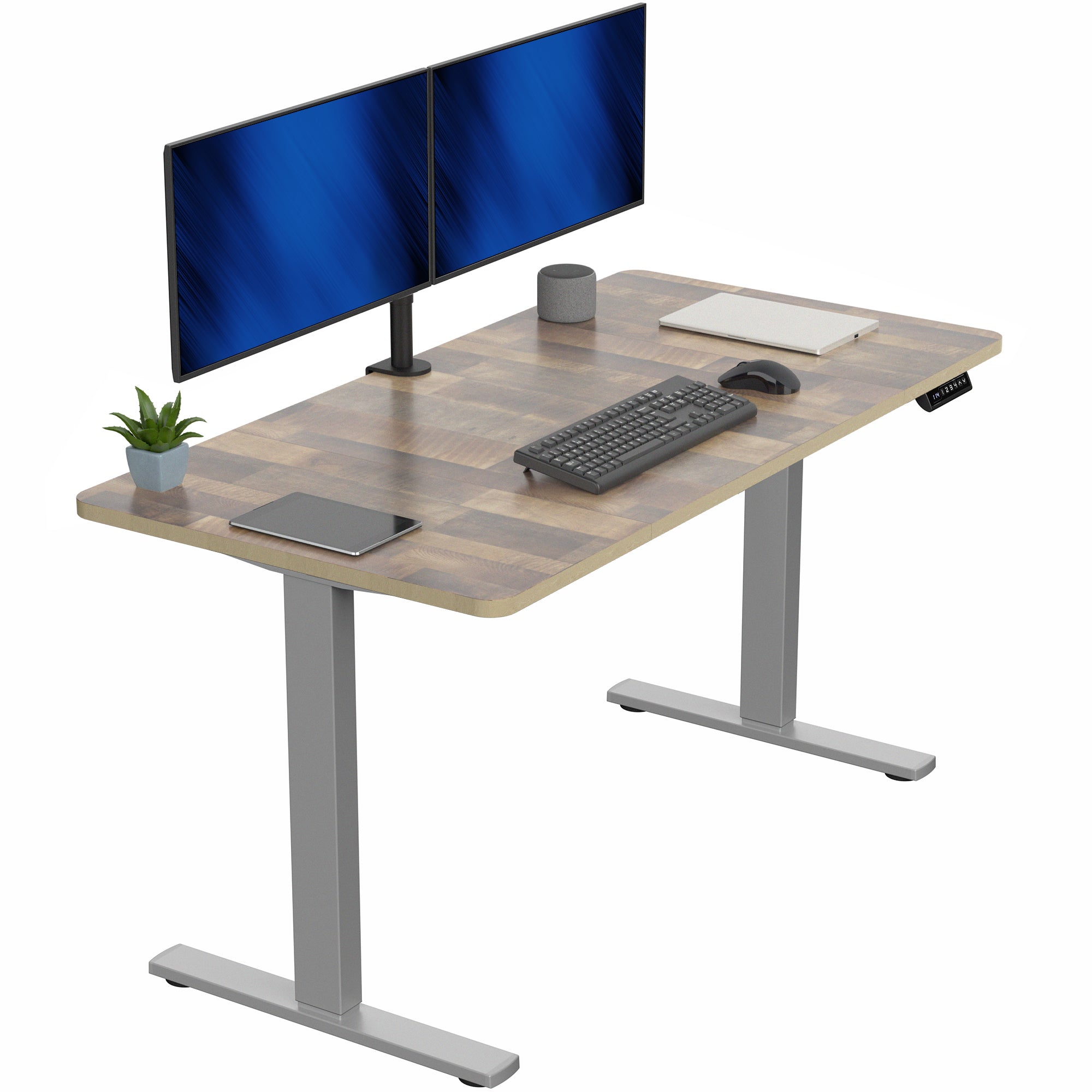 Sturdy ergonomic sit or stand active desk workstation with adjustable height using smart control panel.