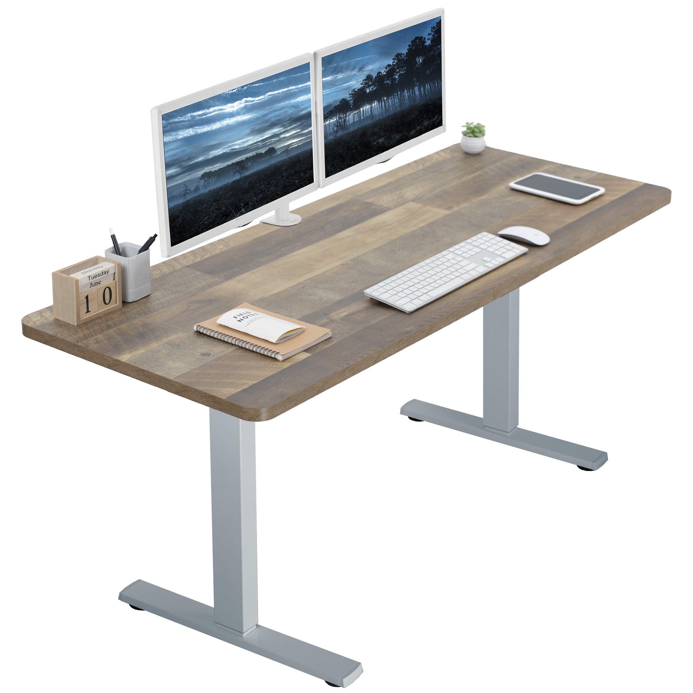 Sturdy wood plank pattern ergonomic sit or stand active desk workstation with adjustable height using smart control panel.