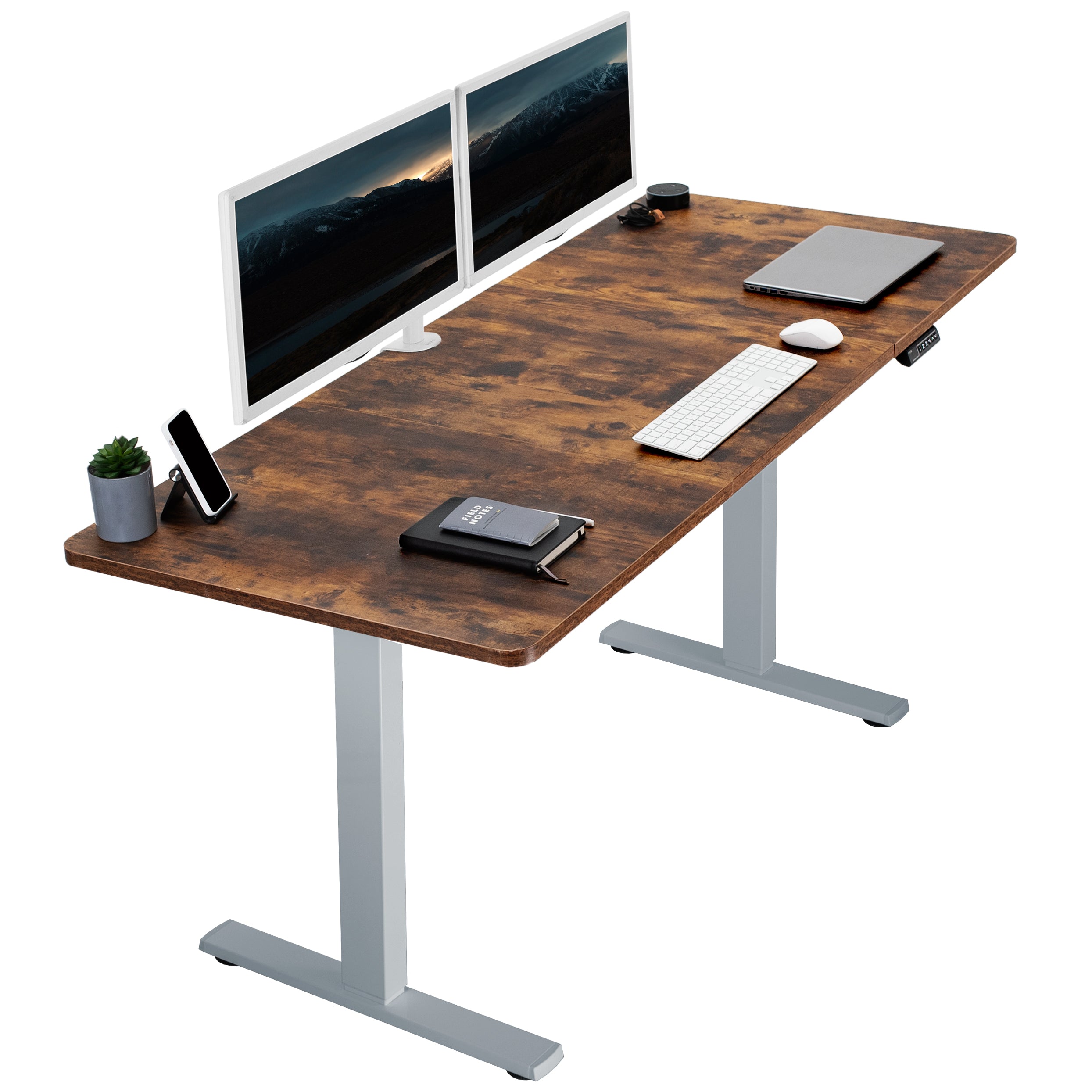 Large, rustic, sturdy sit or stand active workstation with adjustable height using smart control panel.