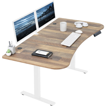 Sit to stand height adjustable electric desk with push button memory controller for ergonomic office workstation.