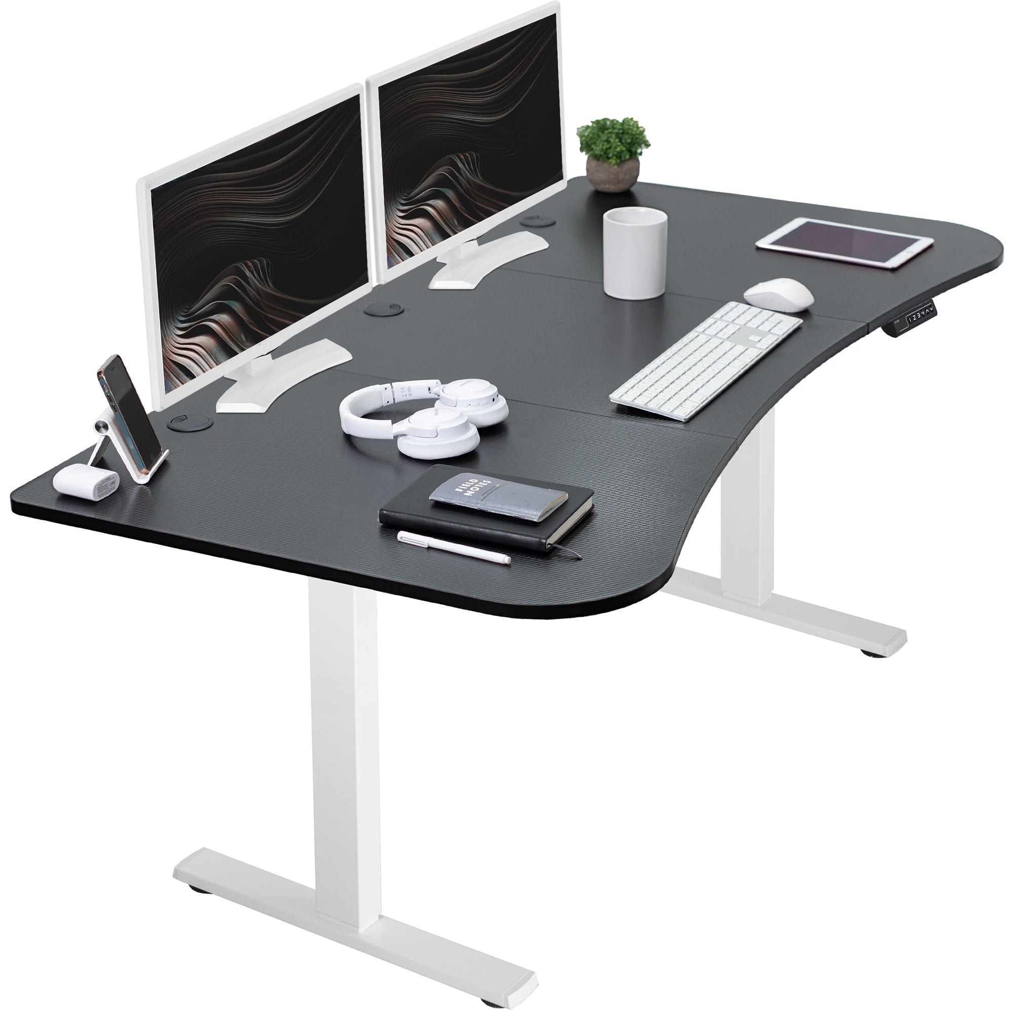 Sit to stand height adjustable electric desk with push button memory controller for ergonomic office workstation.