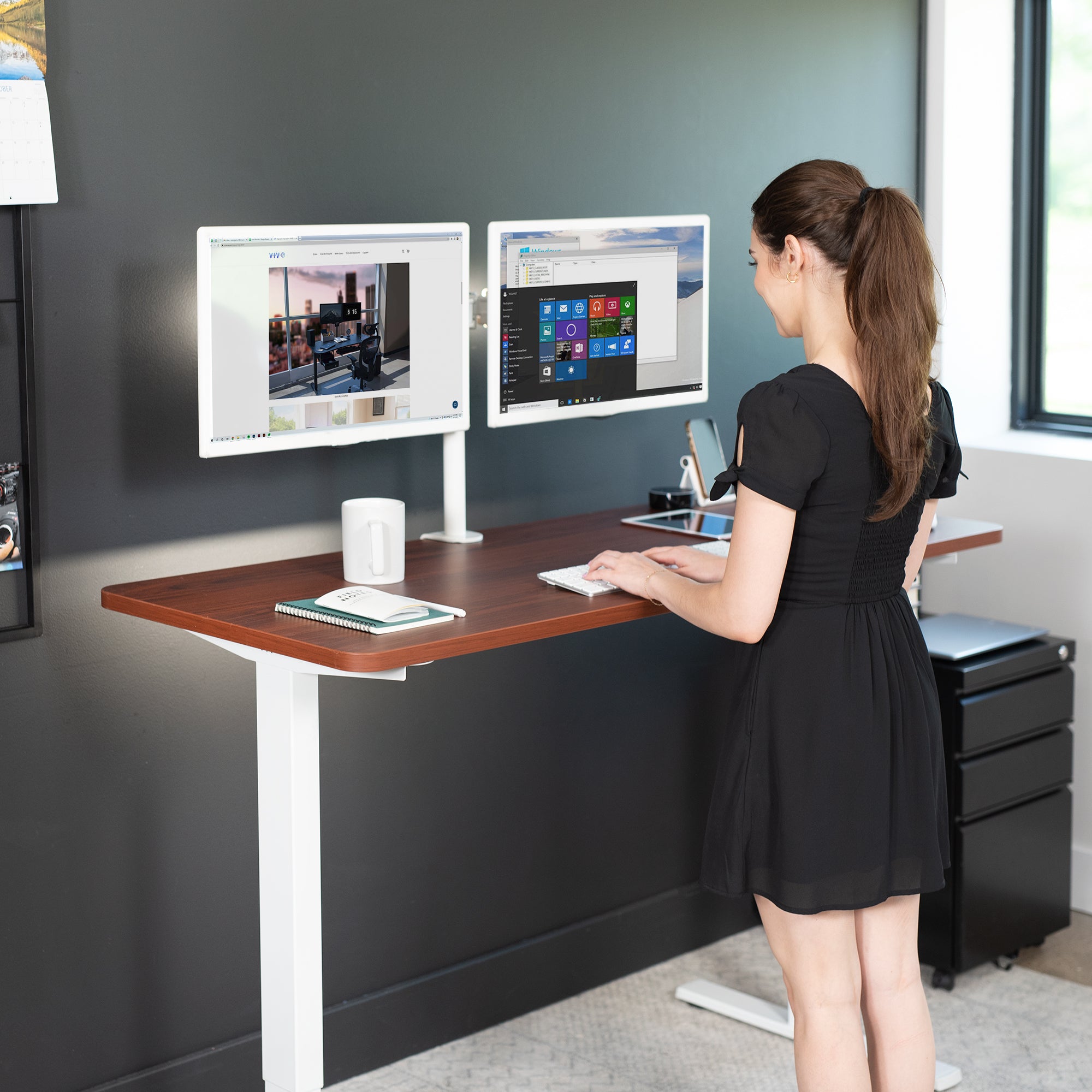 Sturdy ergonomic sit or stand active desk workstation with adjustable height using smart control panel.