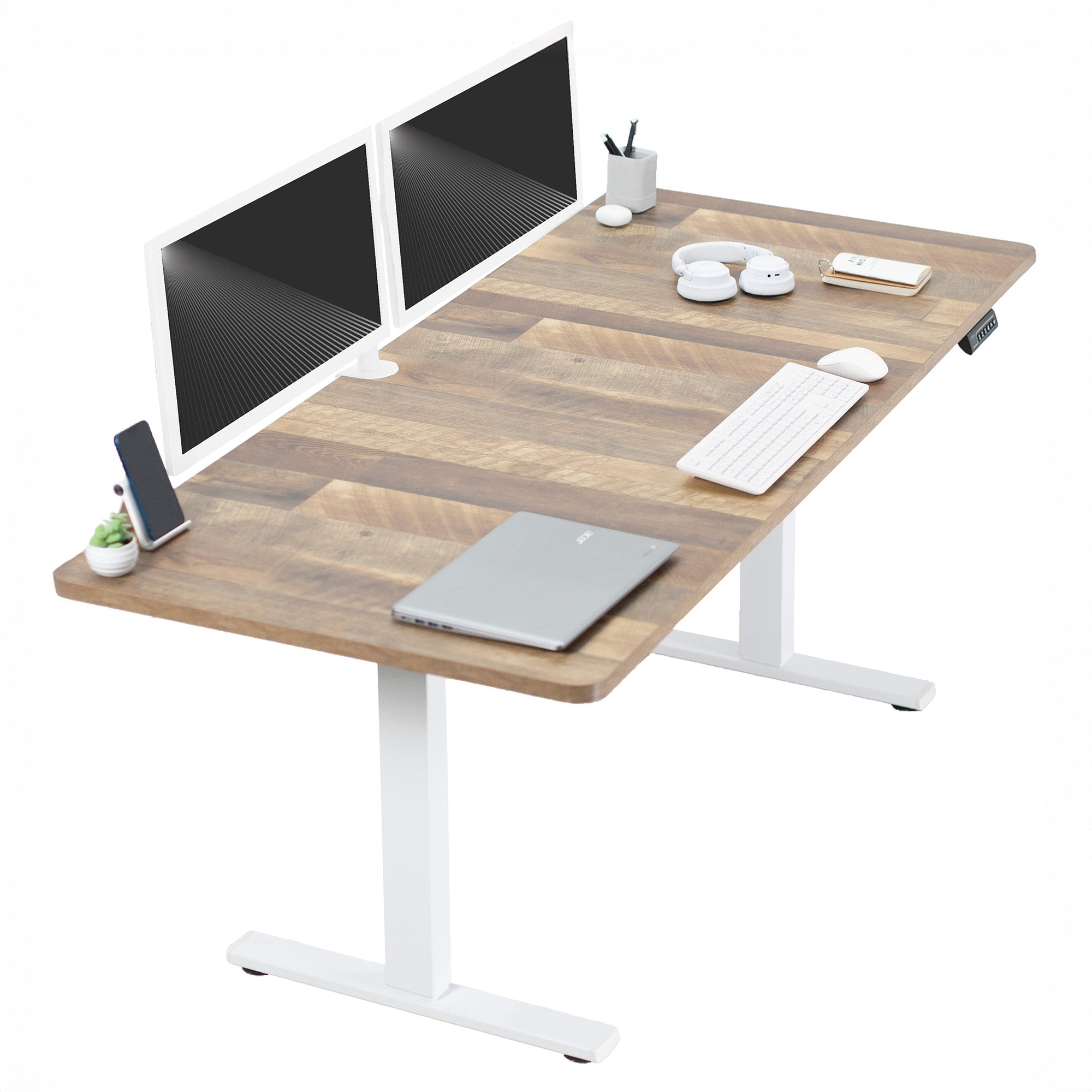Large sturdy sit or stand modern desk with electric height adjustment options.