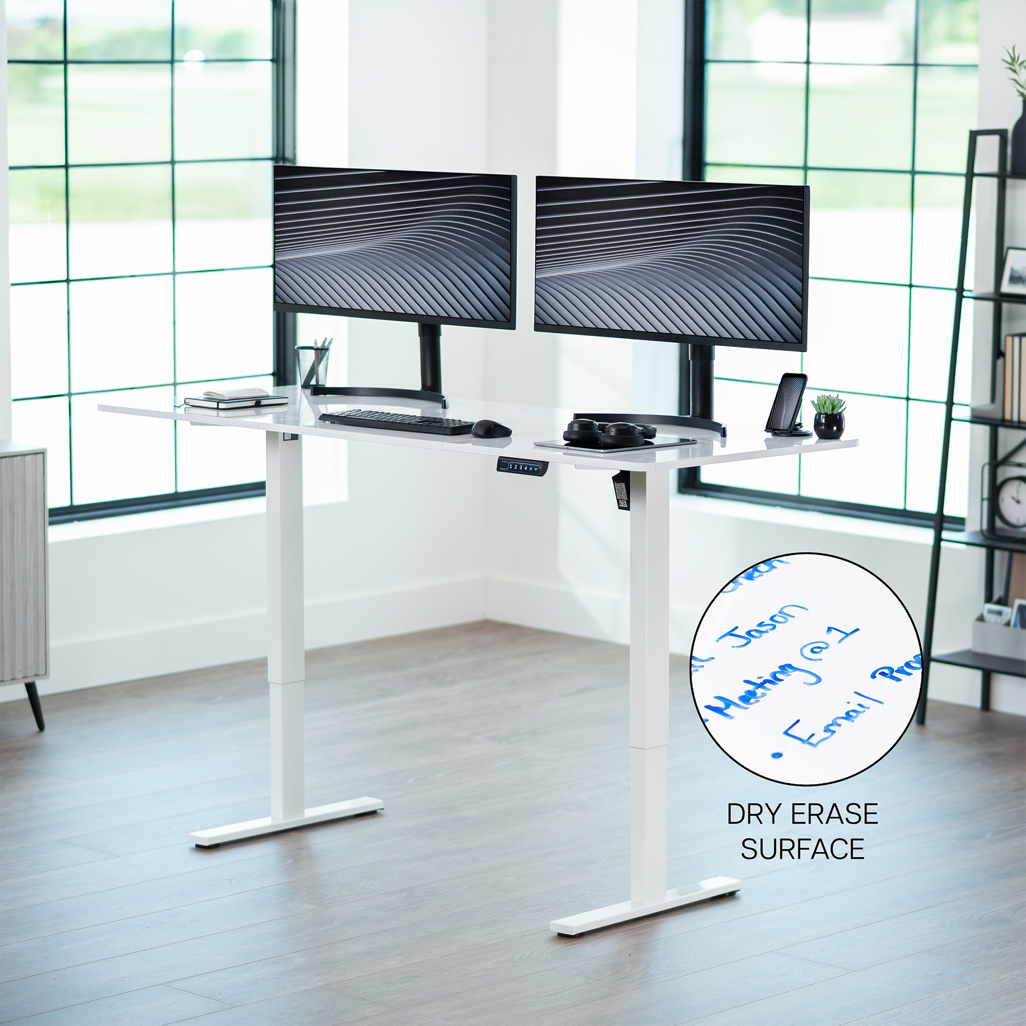 Large sturdy sit or stand modern desk with electric height adjustment options.