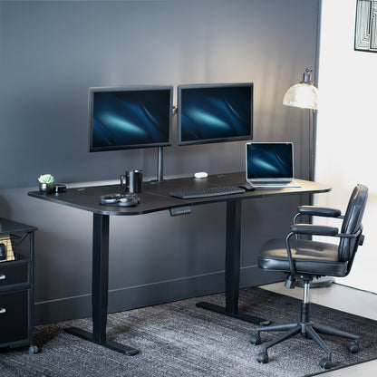 Large standing desk featuring smooth height adjustment, powerful dual motors, and a simple push-button controller featuring memory presets.