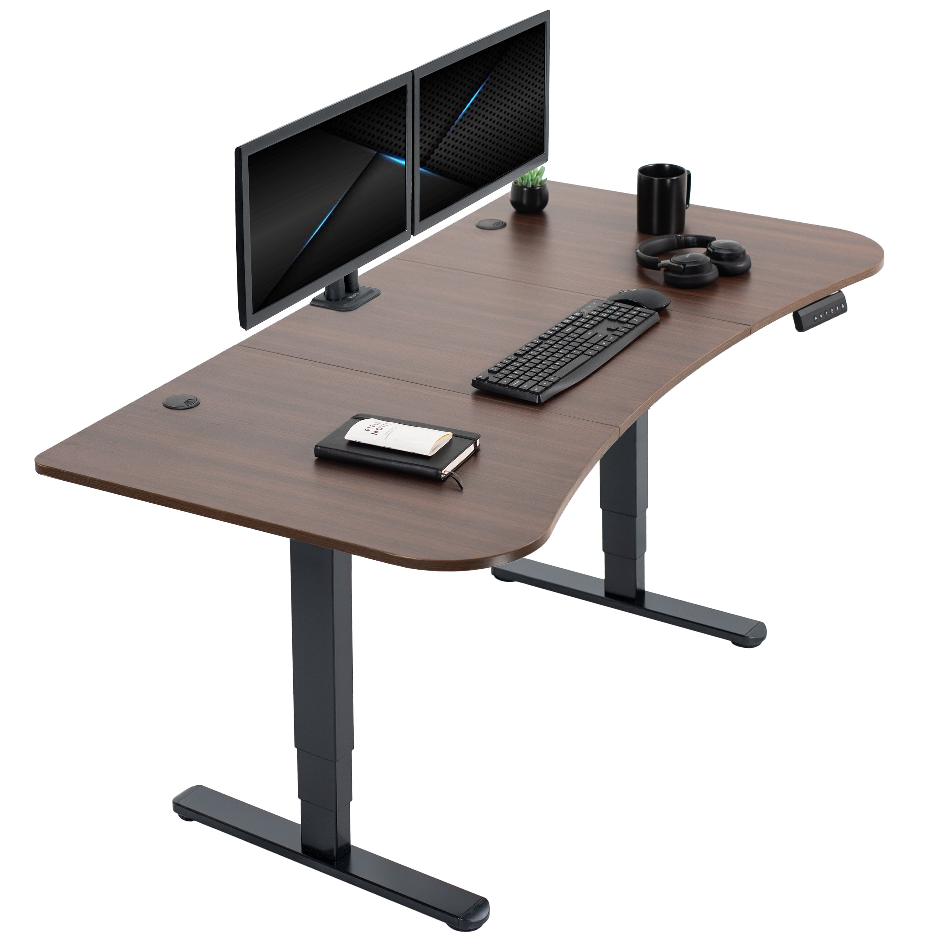 Large standing desk featuring smooth height adjustment, powerful dual motors, and a simple push-button controller featuring memory presets.