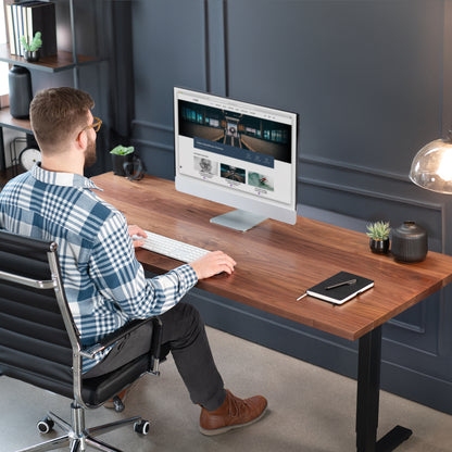 Solid walnut top spacious height adjustable electric desk with smart control panel.