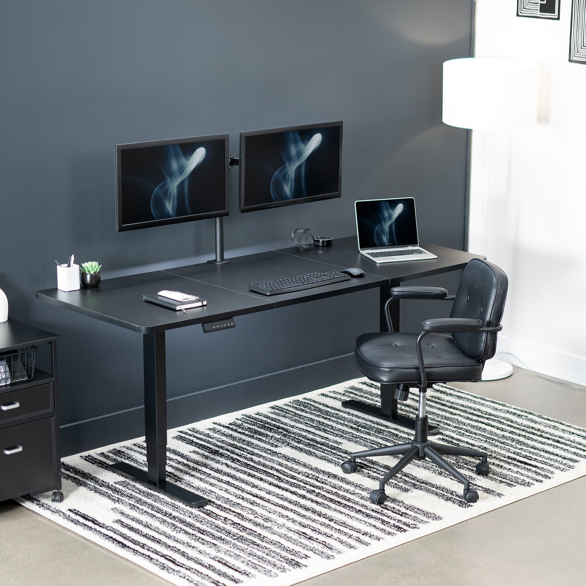 Large sturdy sit or stand active workstation with adjustable height using a memory control panel.