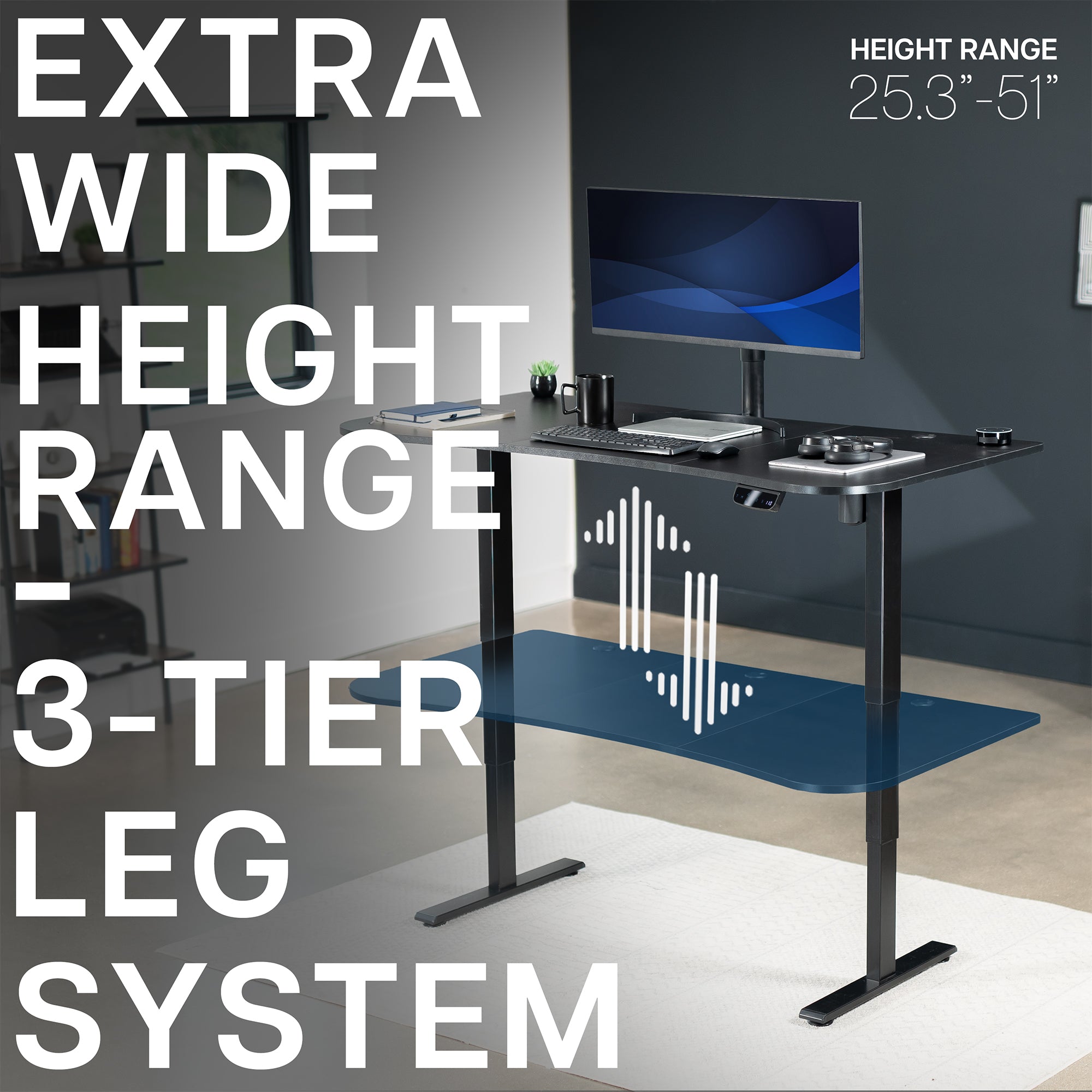 63” x 32” Electric Height Adjustable Stand Up Desk with 3 Tier Legs