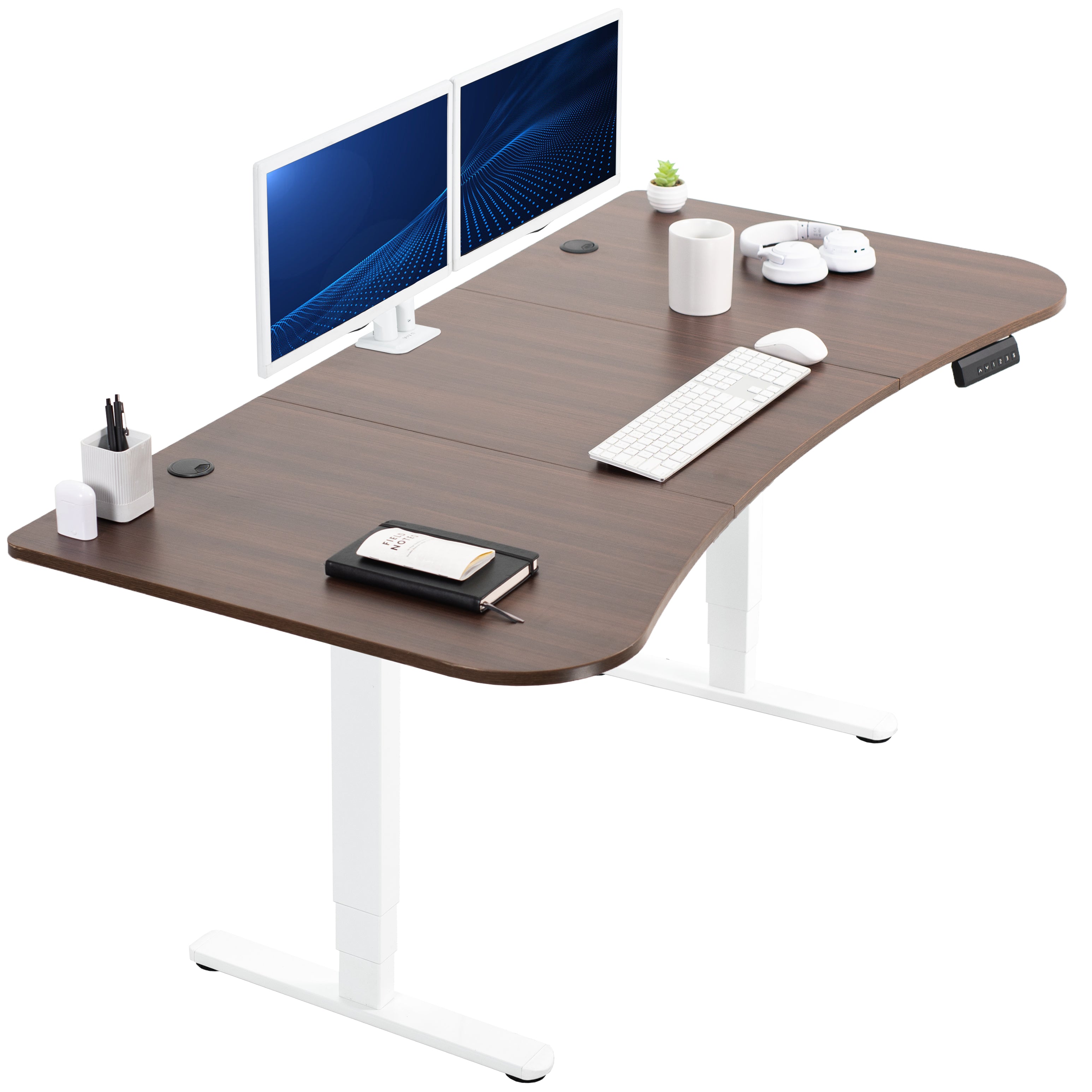 Large standing desk featuring smooth height adjustment, powerful dual motors, and a simple push-button controller featuring memory presets.