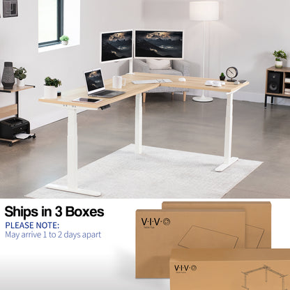 Large electric heavy-duty corner desk workstation for modern office workspaces. Desk parts ship in three separate boxes and may arrive on separate days.