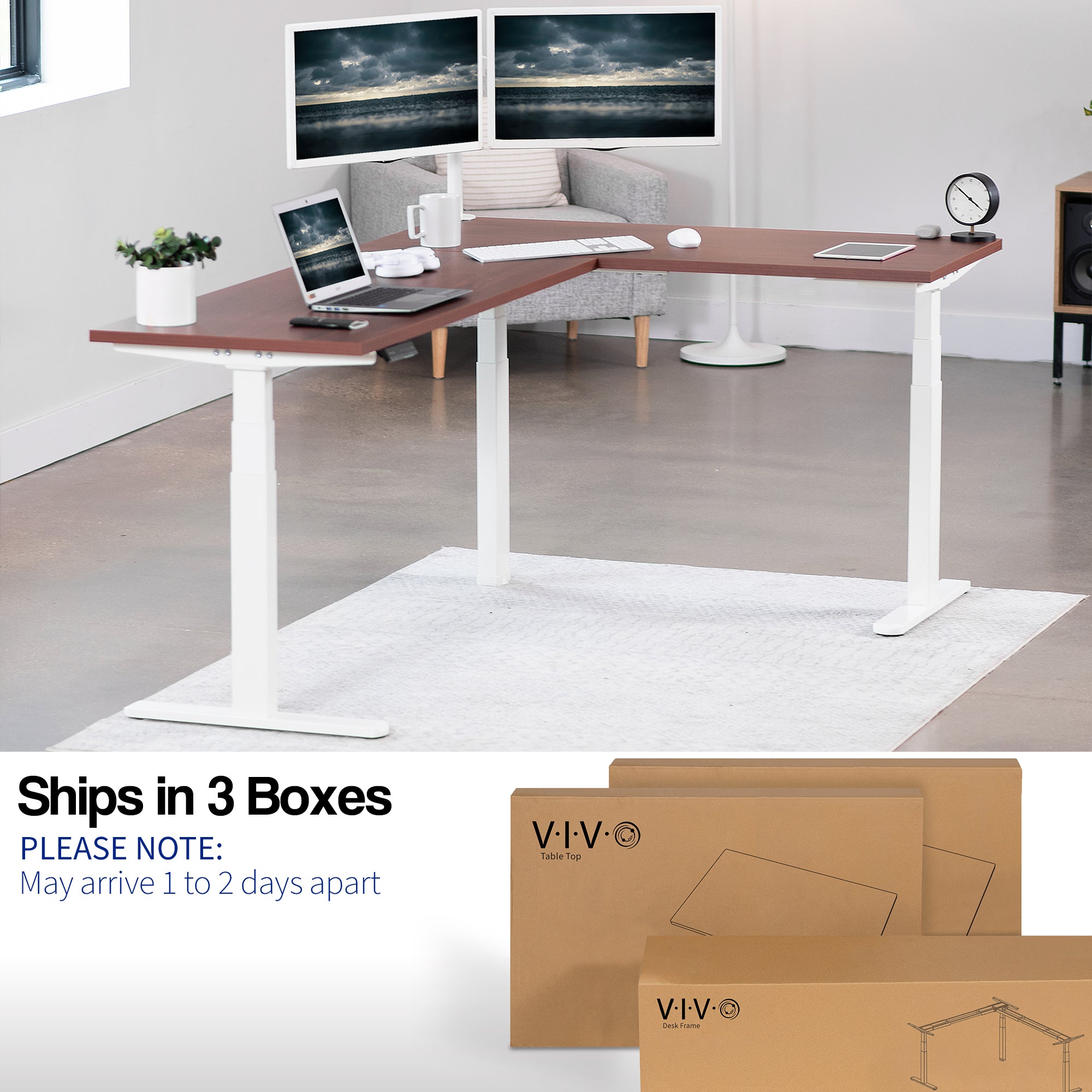 Large electric heavy-duty corner desk workstation for modern office workspaces. Desk parts ship in three separate boxes and may arrive on separate days.