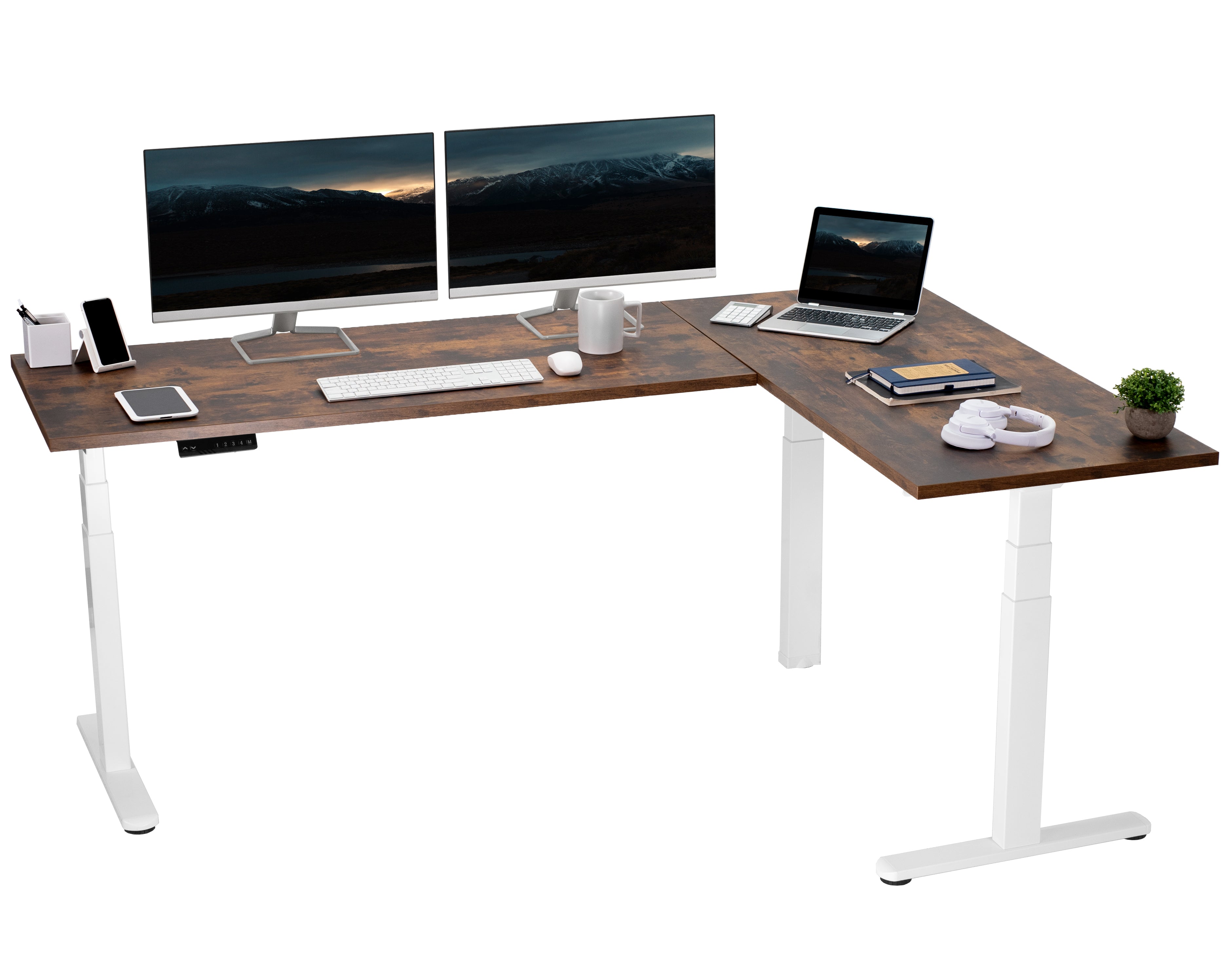 Large rustic electric heavy-duty corner desk workstation for modern office workspaces.