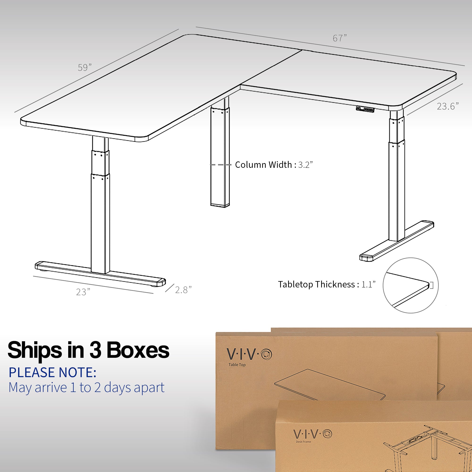 Sit or stand, 3 stage column heavy-duty L-shaped corner desk from VIVO. Desk parts ship in three separate boxes and may arrive on separate days.