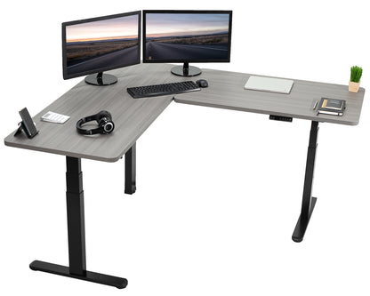 Heavy-duty electric height adjustable corner desk workstation for active sit or stand efficient workspace.