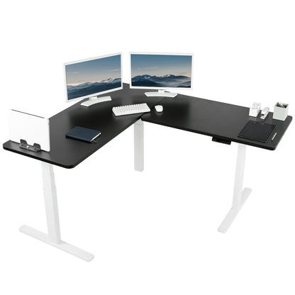 Heavy-duty electric height adjustable corner desk workstation for active sit or stand efficient workspace.