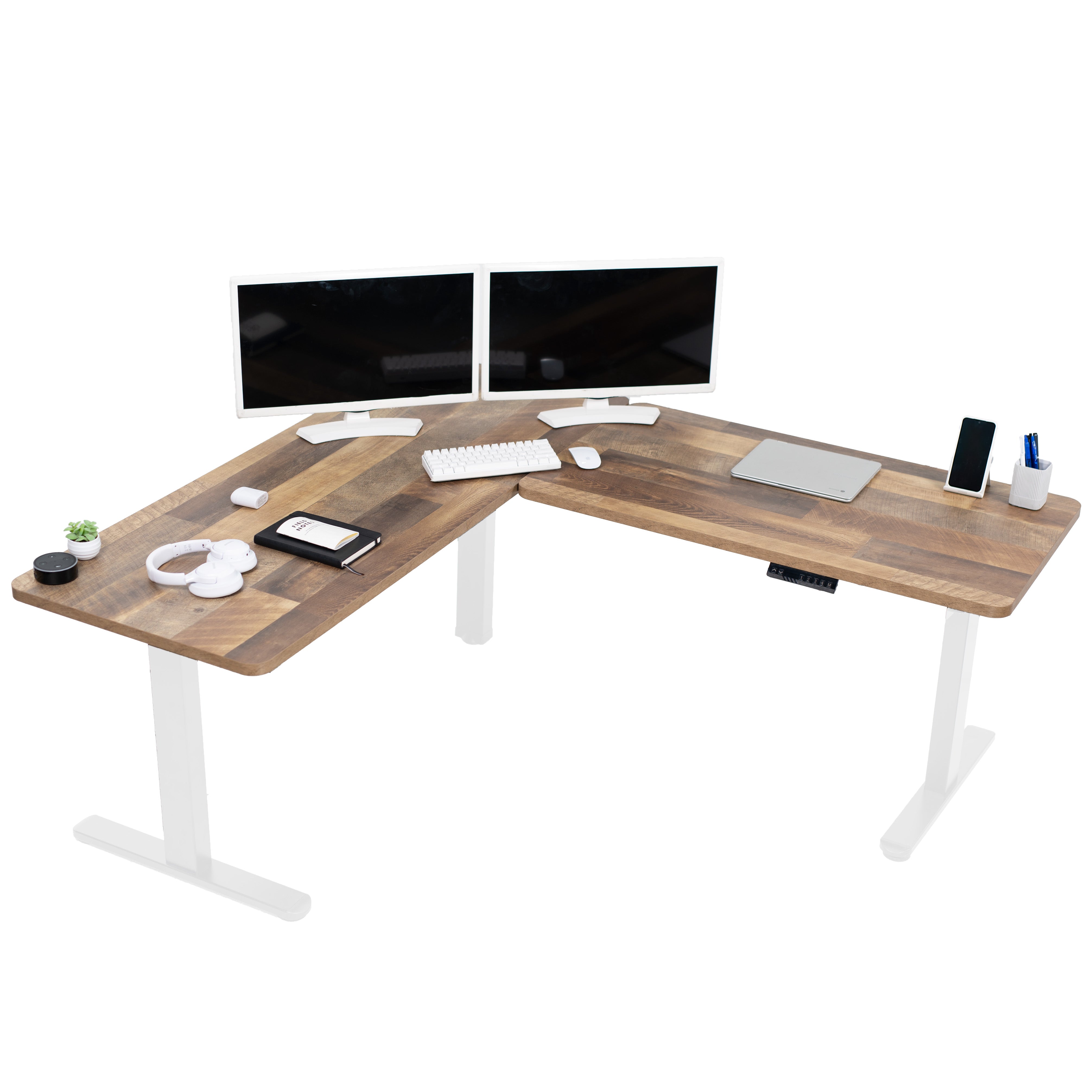 Heavy-duty electric height adjustable corner desk workstation for active sit or stand efficient workspace.