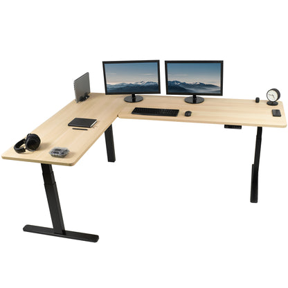 Large sturdy height adjustable corner desk workstation with memory controller.