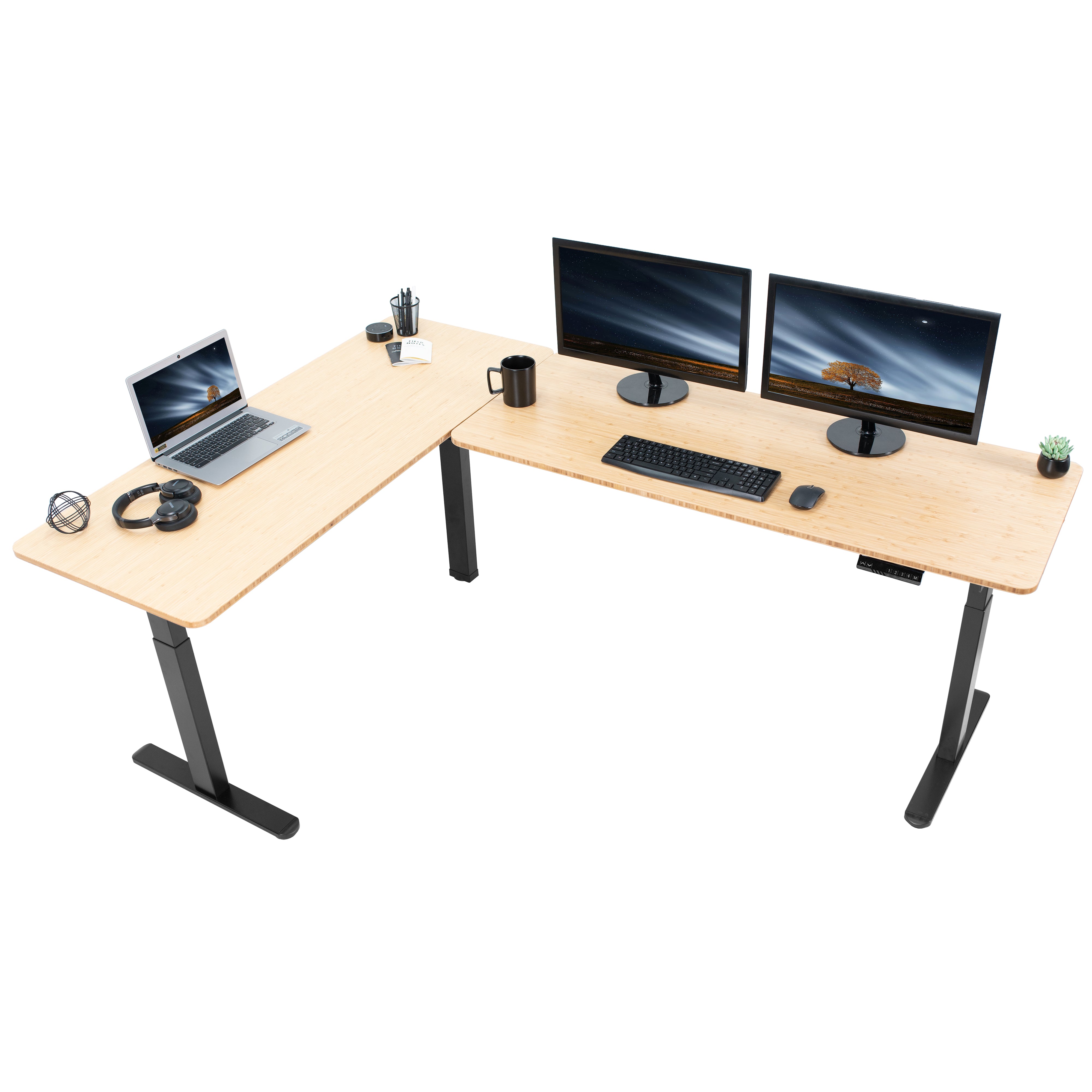 Large sturdy height adjustable bamboo corner desk workstation with memory controller.