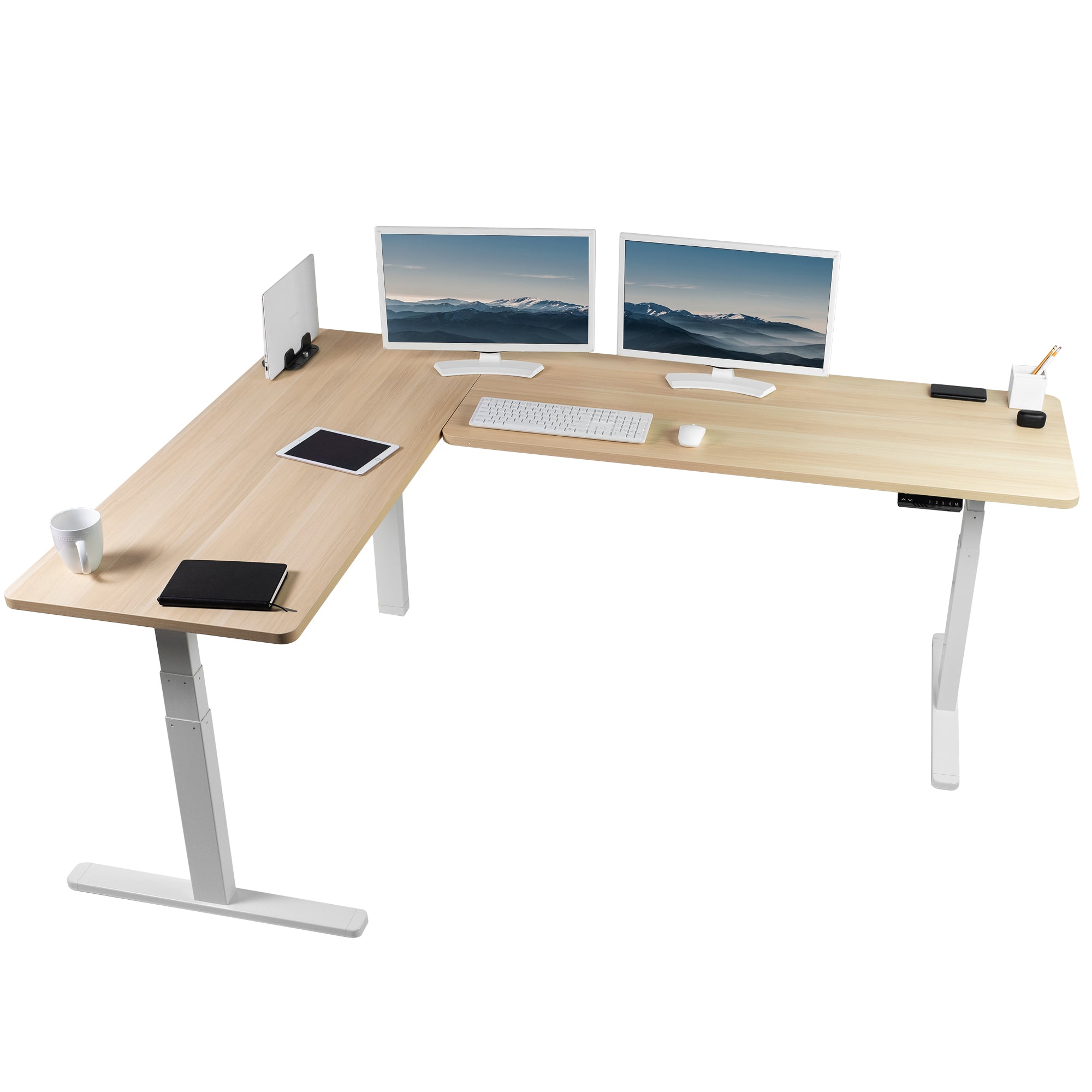 Large sturdy height adjustable corner desk workstation with memory controller.