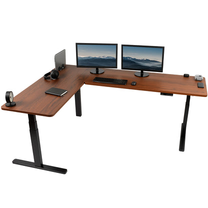 Large sturdy height adjustable corner desk workstation with memory controller.