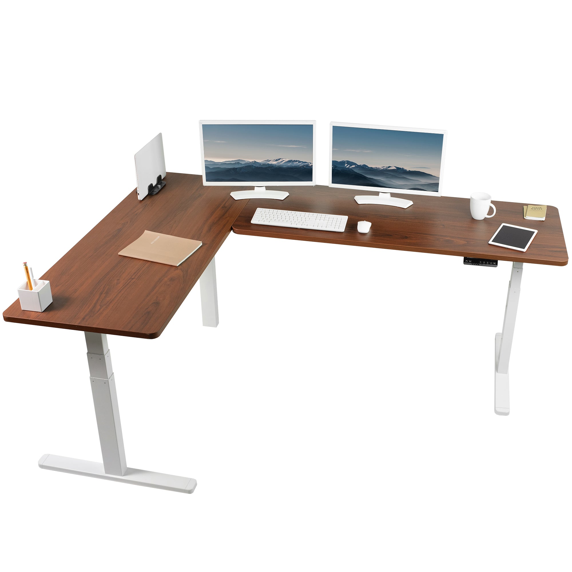 Large sturdy height adjustable corner desk workstation with memory controller.