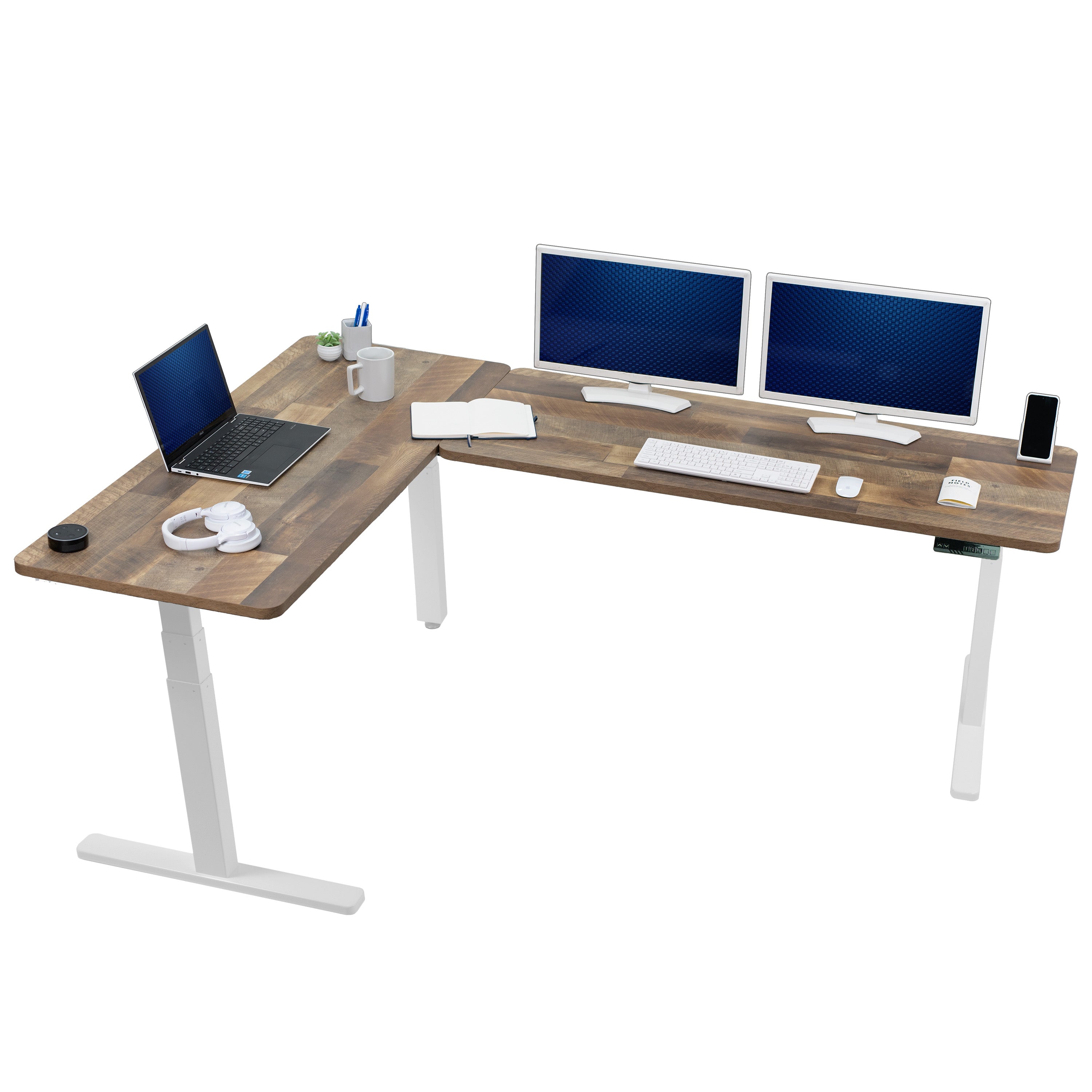 Large sturdy height adjustable corner desk workstation with memory controller.