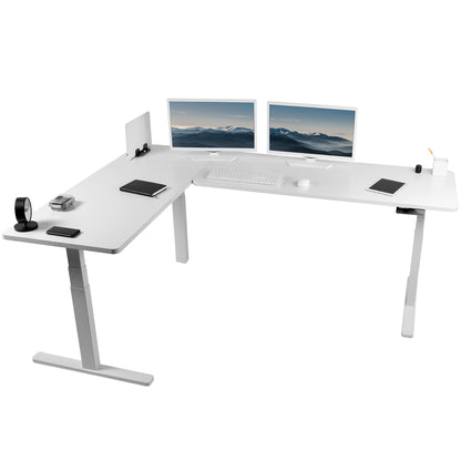 Large sturdy height adjustable corner desk workstation with memory controller.