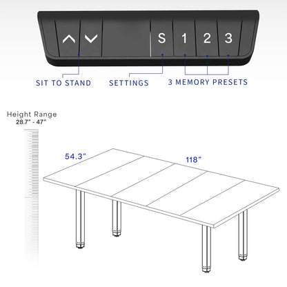 118" x 55" Dual Motor Electric 4-Leg Desk with Square Corner Top is an extra large height adjustable desk perfect for a conference room table or project workstation setup.