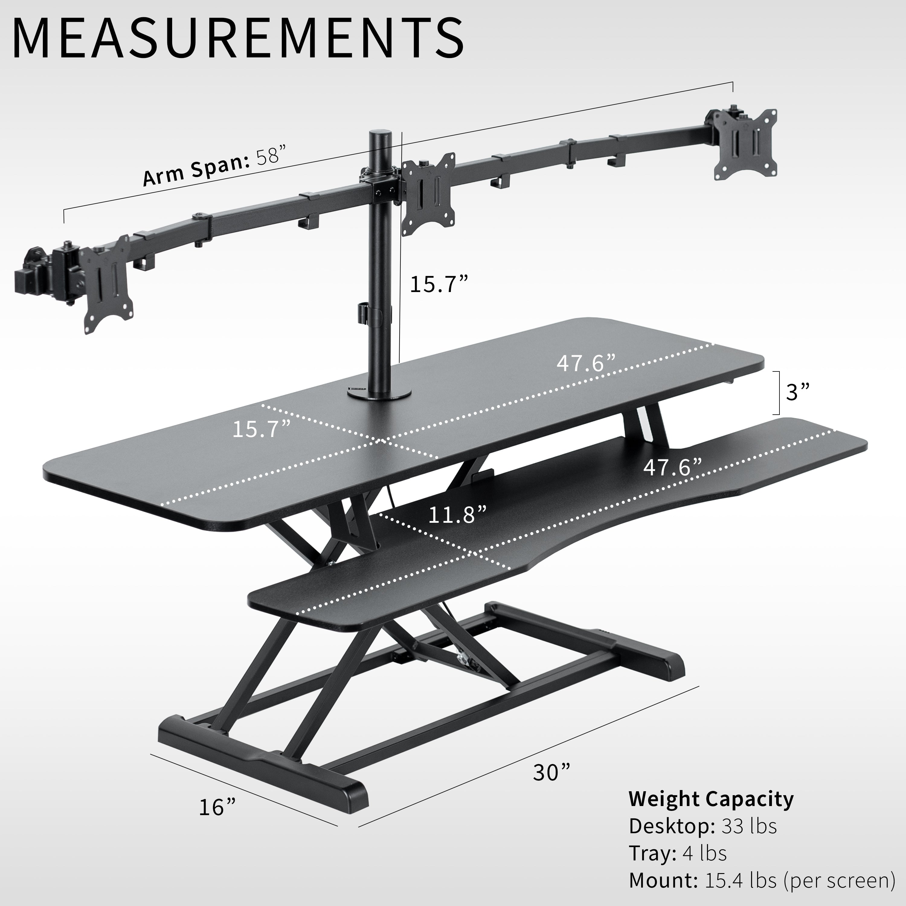 Spacious height adjustable desk riser with articulating triple monitor mount.