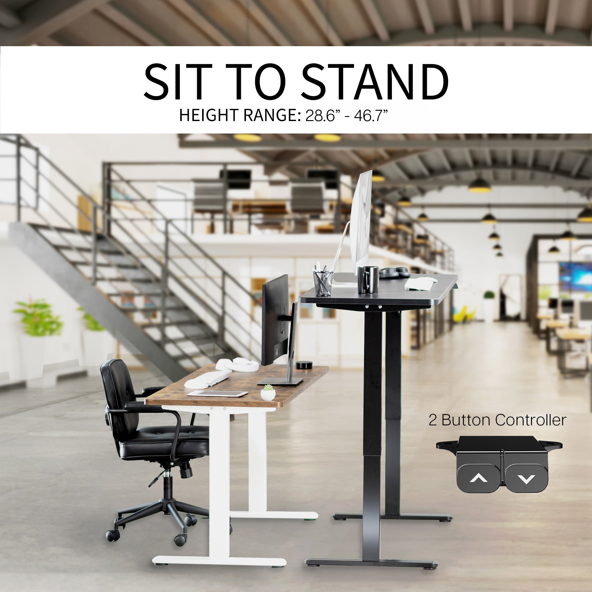 Height-adjustable desk with office setting in the background