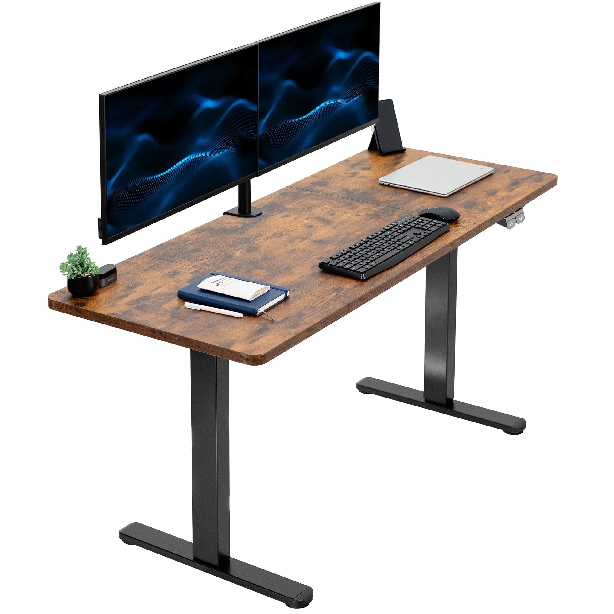 Vintage Brown desk with a black metal frame, two monitors, keyboard, and mouse on a white background
