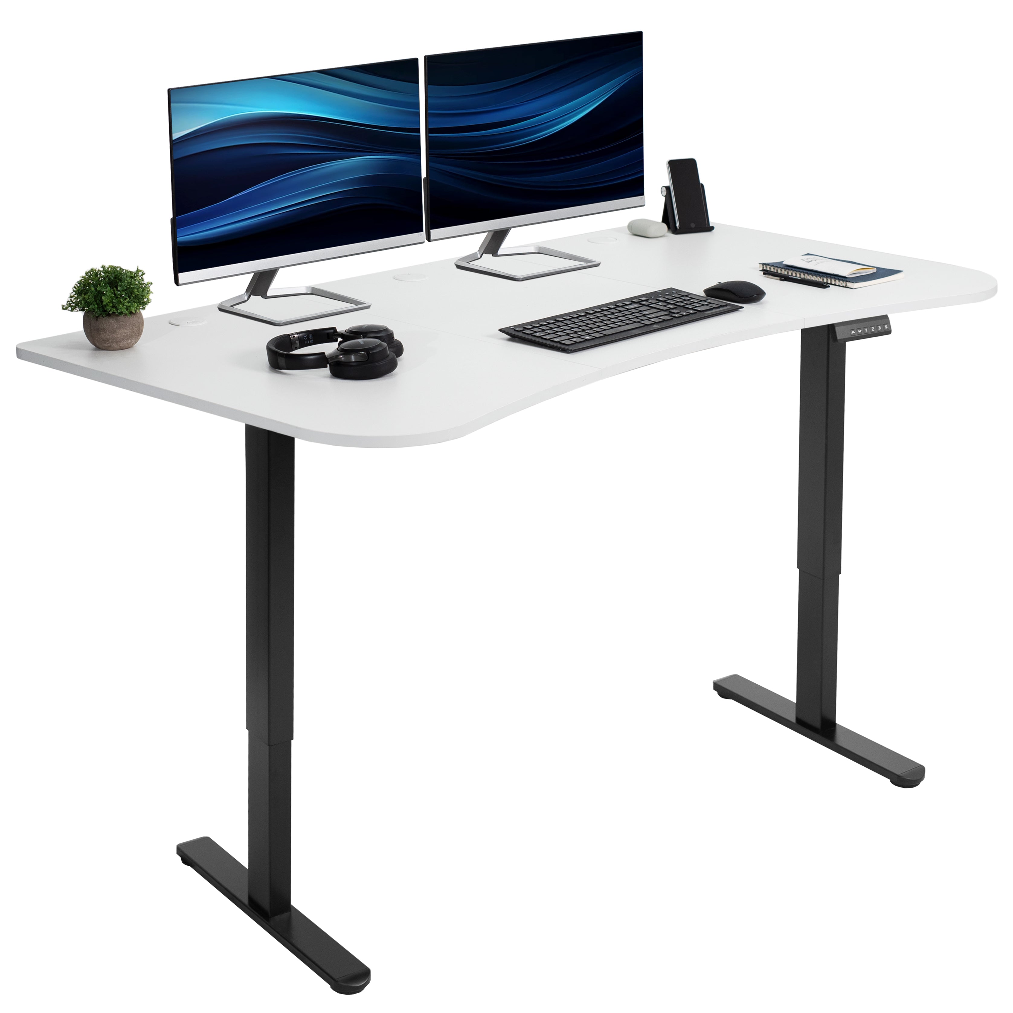 Heavy-duty electric sit to stand height adjustable ergonomic desk workstation with programmable memory controller for convenient productive workspace.