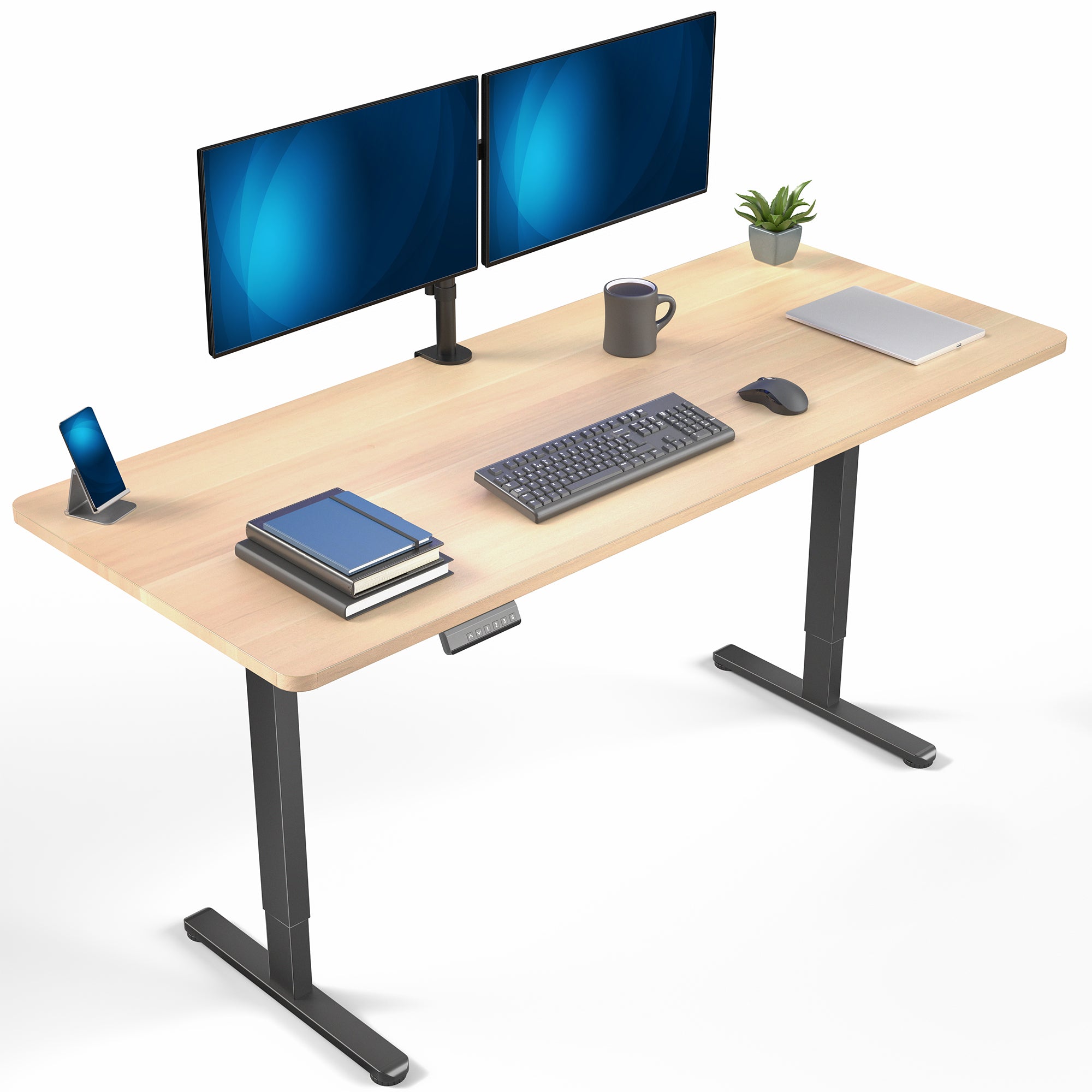 71 x 30 inch dual motor electric desk featuring memory controller height adjustment with memory settings