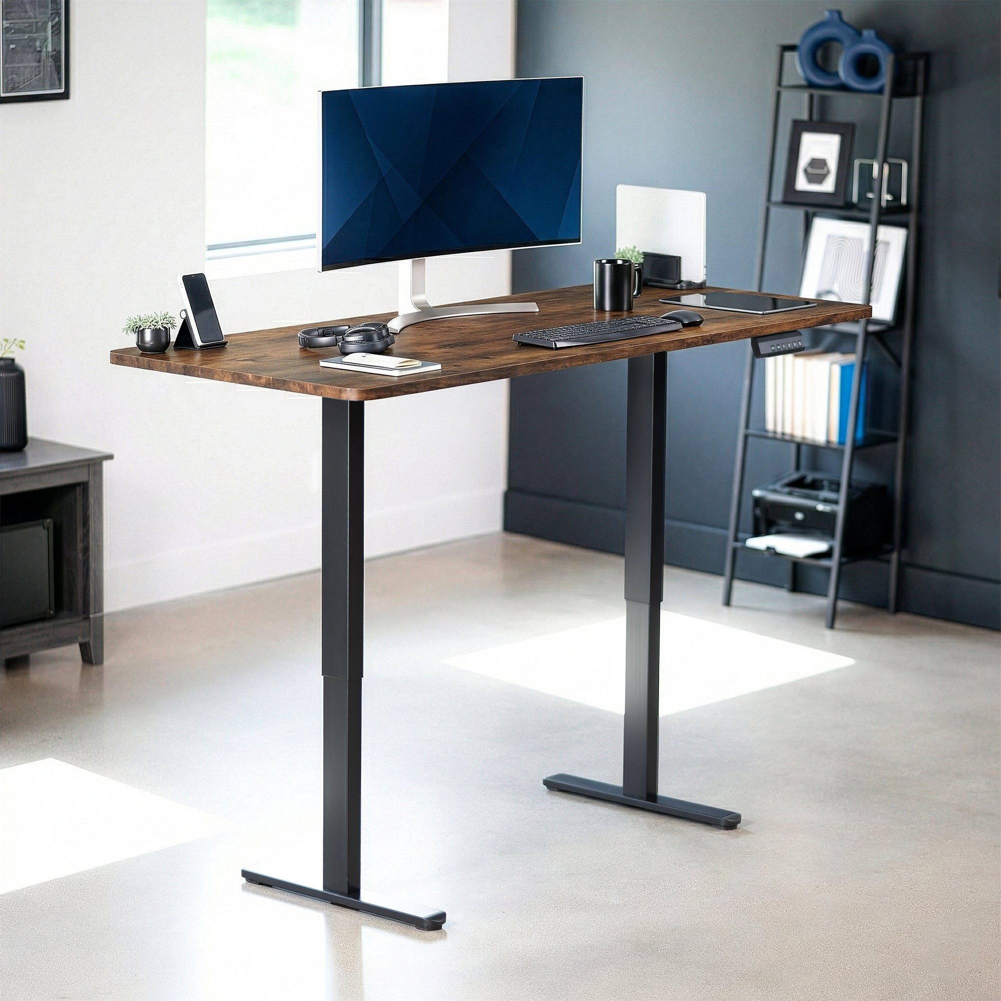 71 x 30 inch rustic dual motor electric desk featuring memory controller height adjustment with memory settings