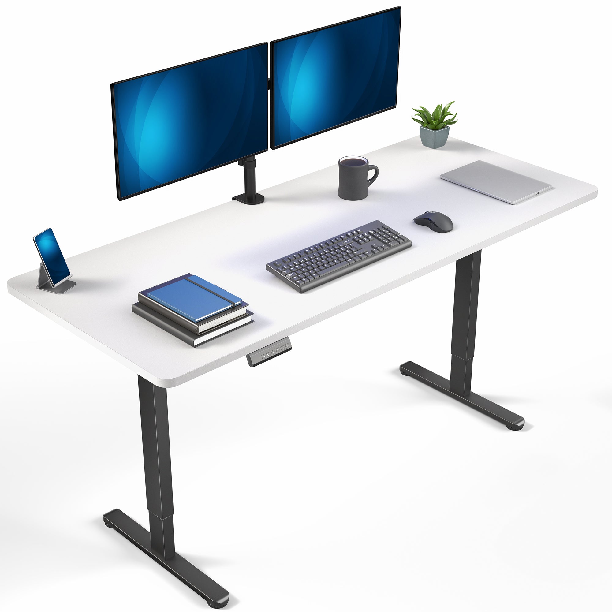 71 x 30 inch dual motor electric desk featuring memory controller height adjustment with memory settings