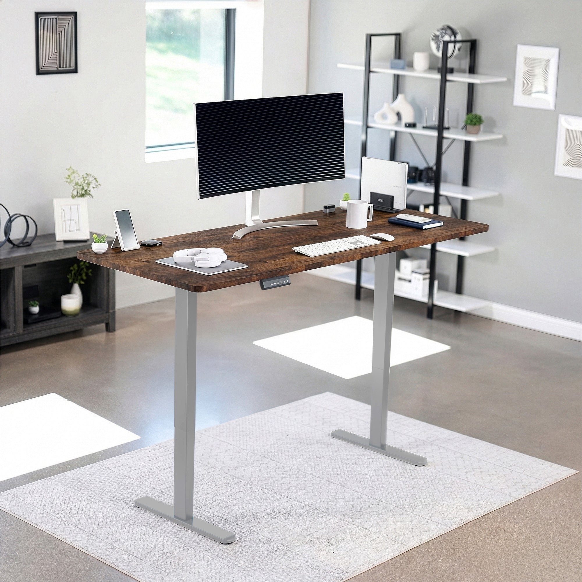 71 x 30 inch rustic dual motor electric desk featuring memory controller height adjustment with memory settings