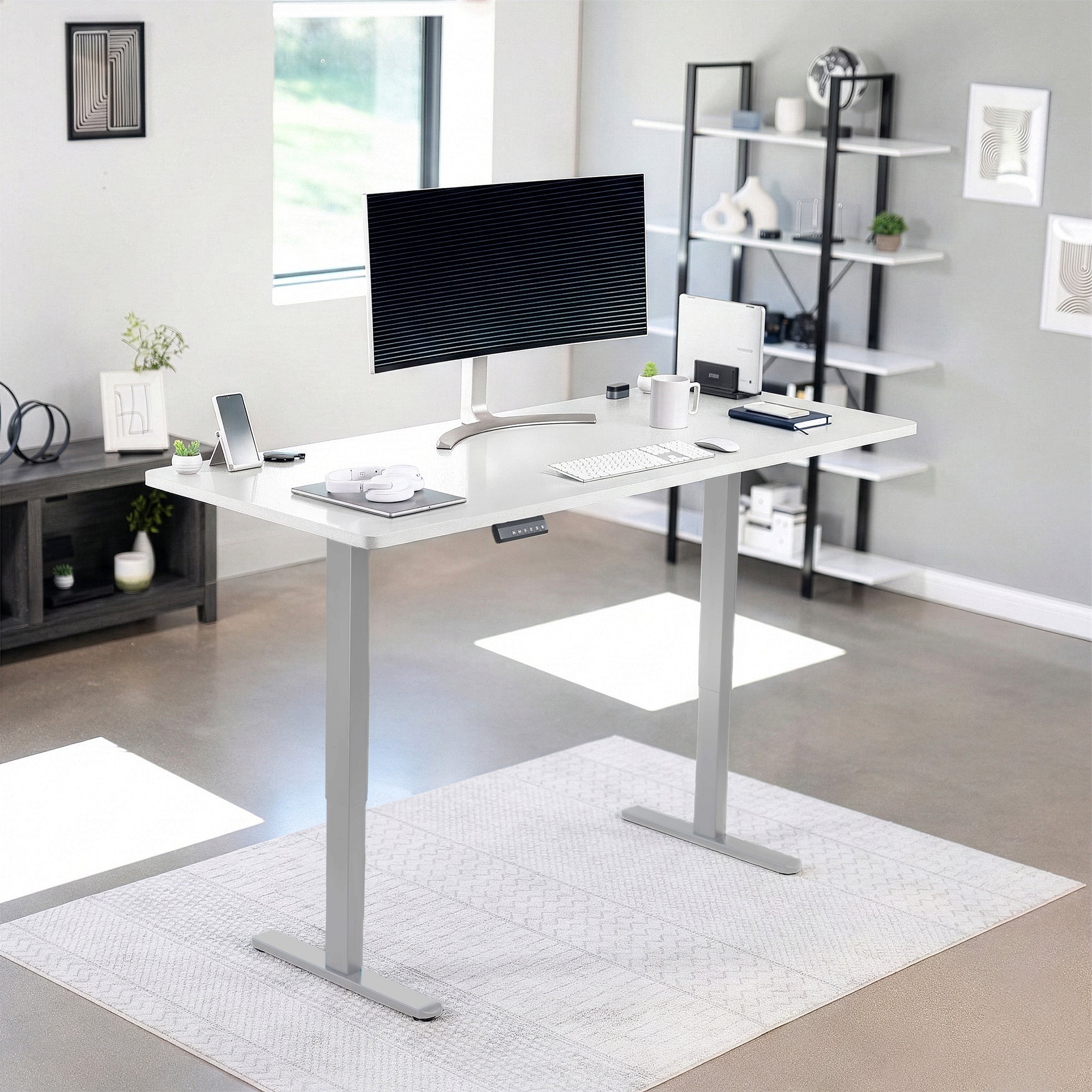 71 x 30 inch dual motor electric desk featuring memory controller height adjustment with memory settings