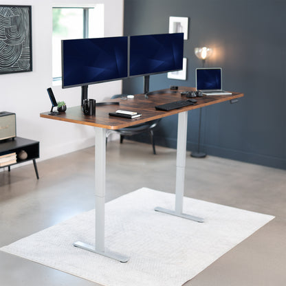 83 x 30 inch rustic dual motor electric desk featuring smart controller height adjustment with memory settings