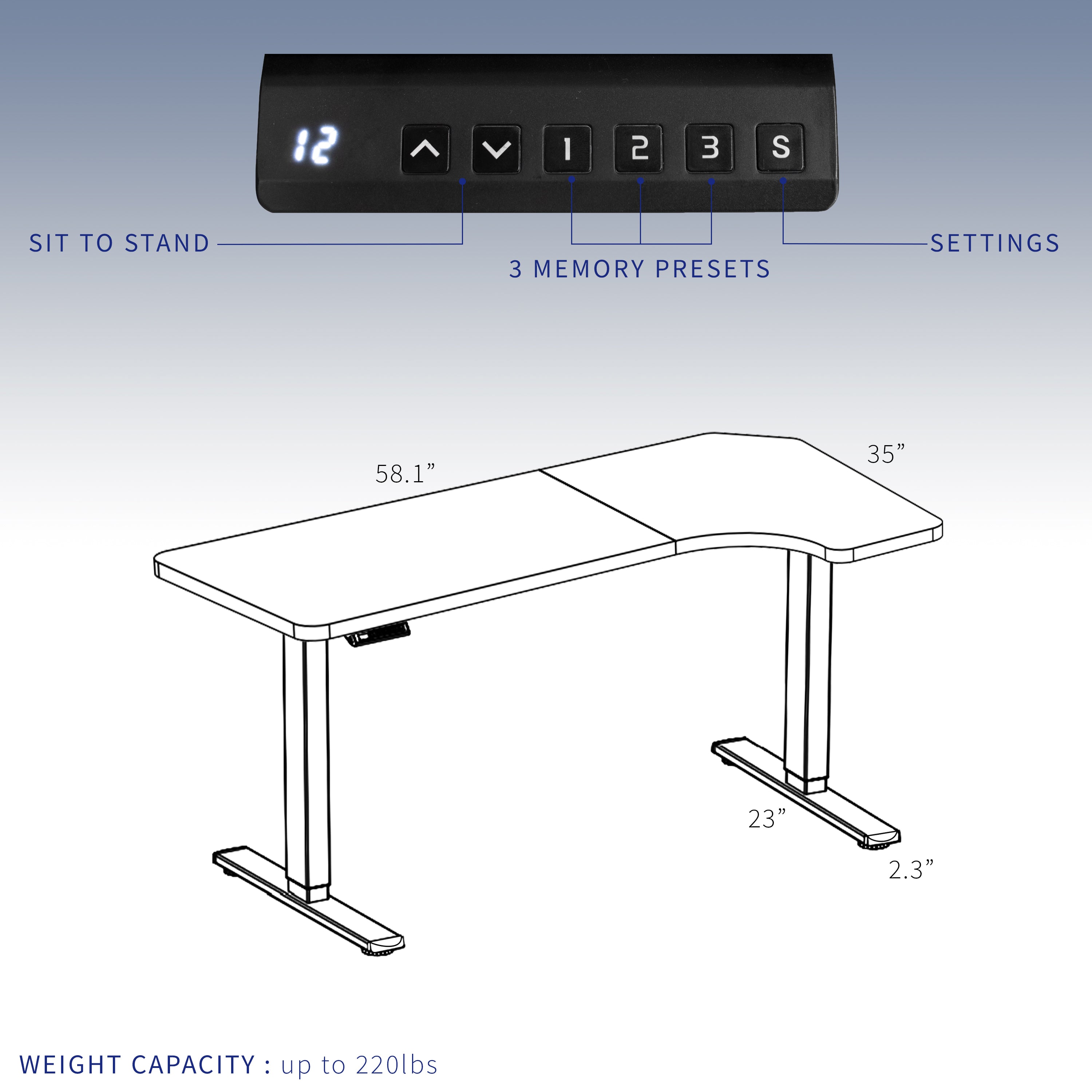 Memory control panel with three programmable settings and up and down height adjustment arrows.