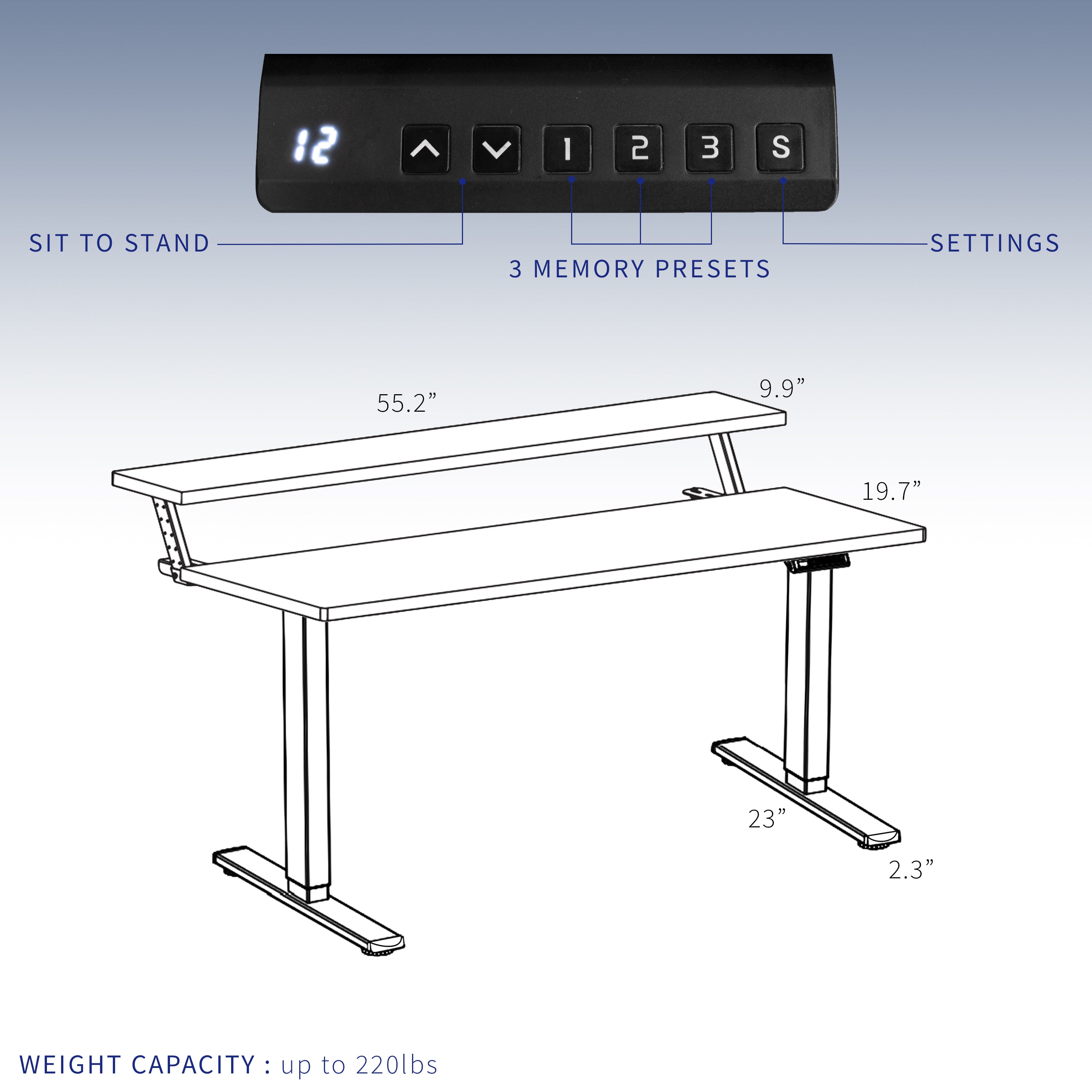 Heavy-duty dual tier electric height adjustable ergonomic desk workstation with programmable memory controller.