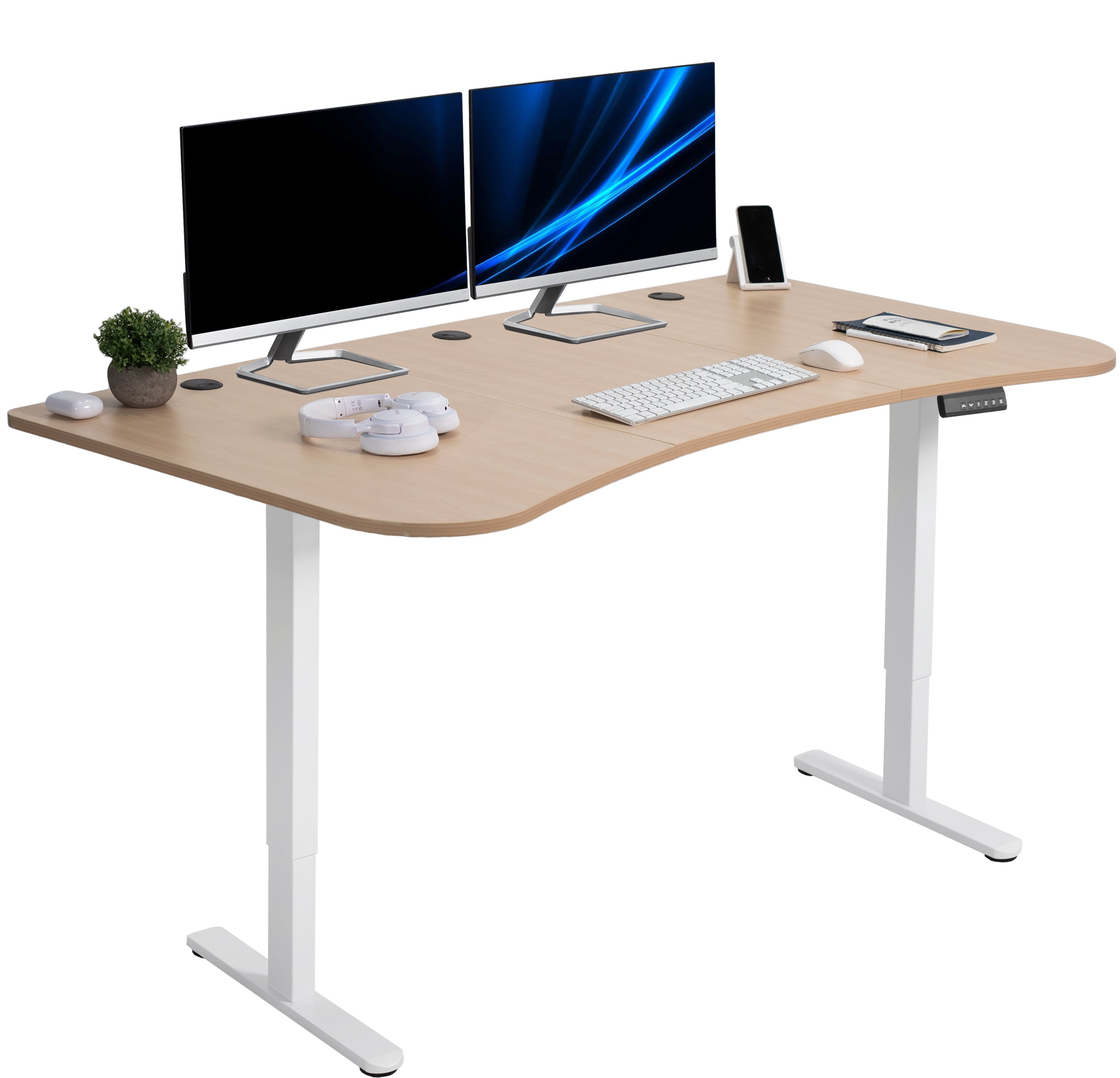 Heavy-duty electric sit to stand height adjustable ergonomic desk workstation with programmable memory controller for convenient productive workspace.