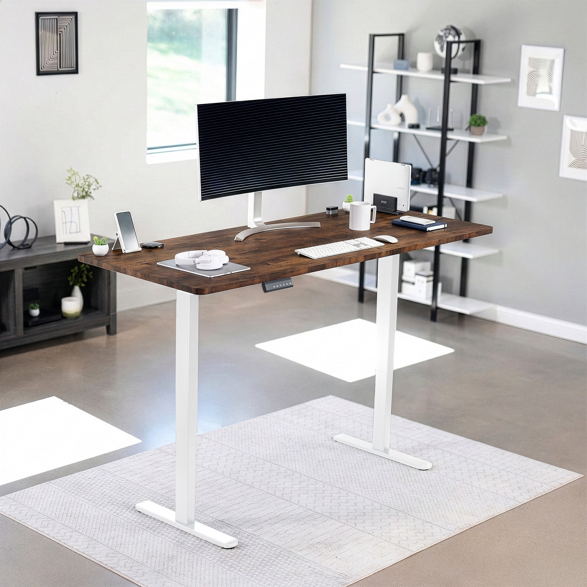 71 x 30 inch rustic dual motor electric desk featuring memory controller height adjustment with memory settings