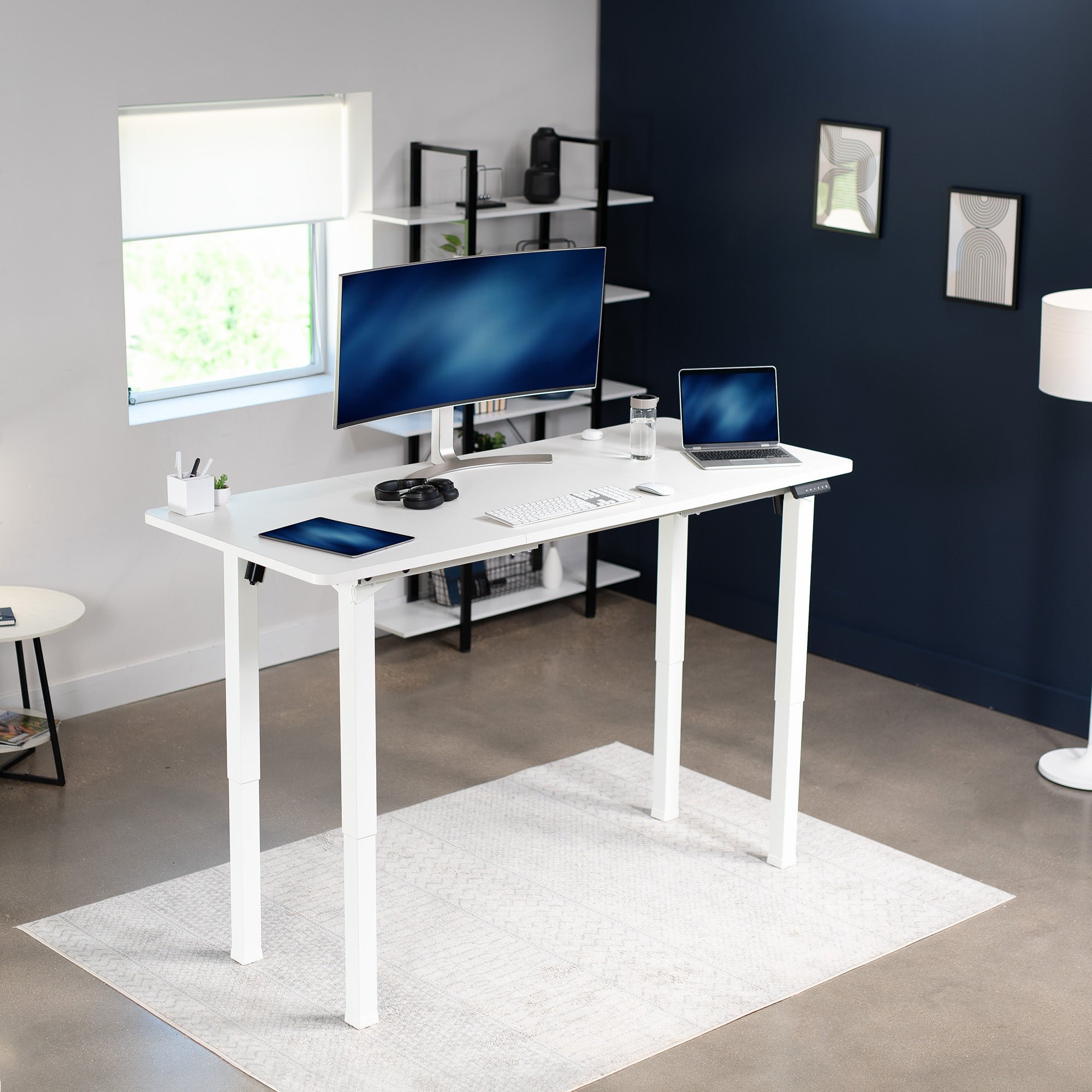 Sturdy electric desk frame with heavy-duty 4-leg design. Height adjustment with 3-setting memory controller, and frame width adjustment to personalize your workstation.