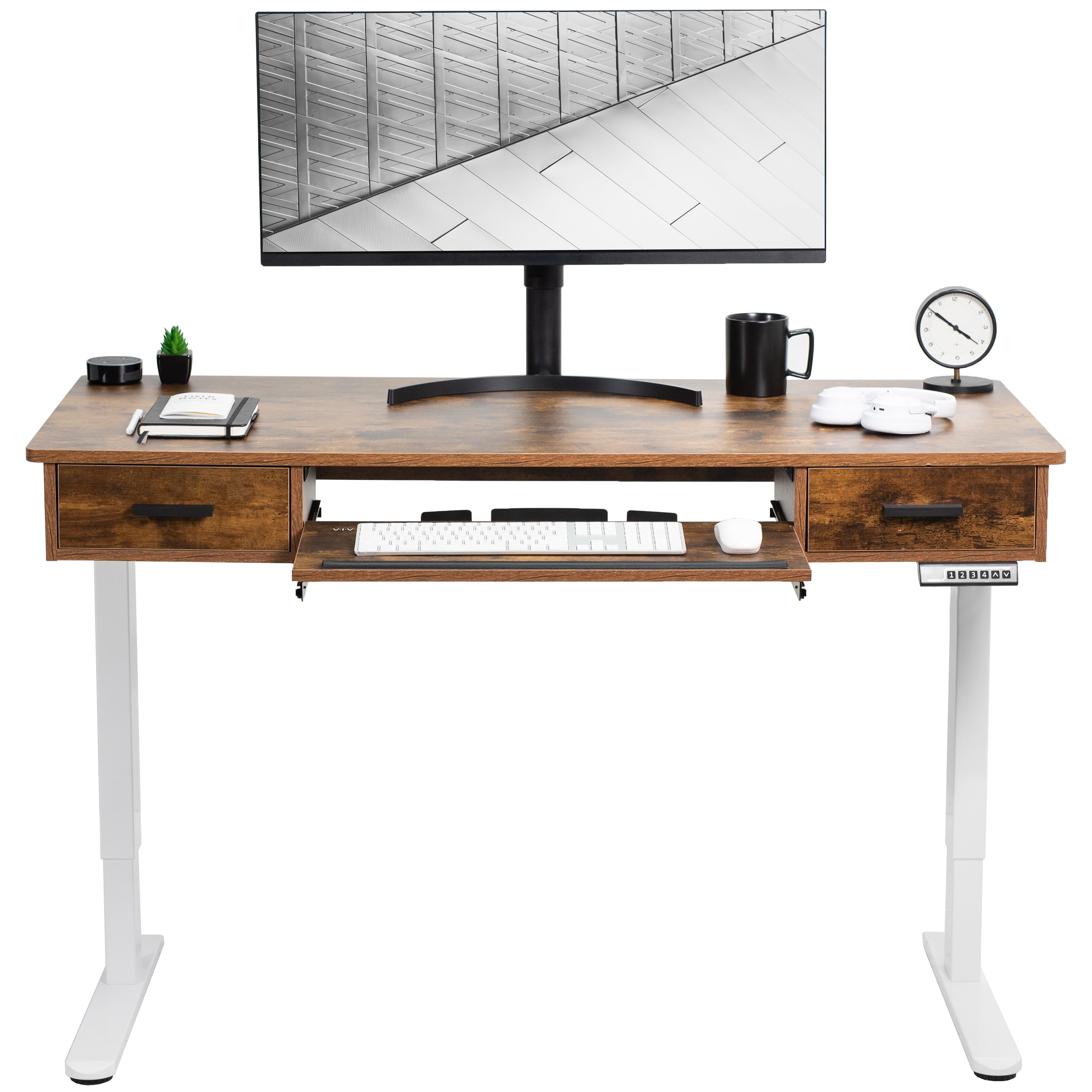 Electric Height Adjustable 55 x 24 inch Stand Up Desk, Complete Active Standing Workstation with Rustic Vintage Brown Table Top, Rear-set Legs, Storage Drawers, Pull Out Keyboard Tray