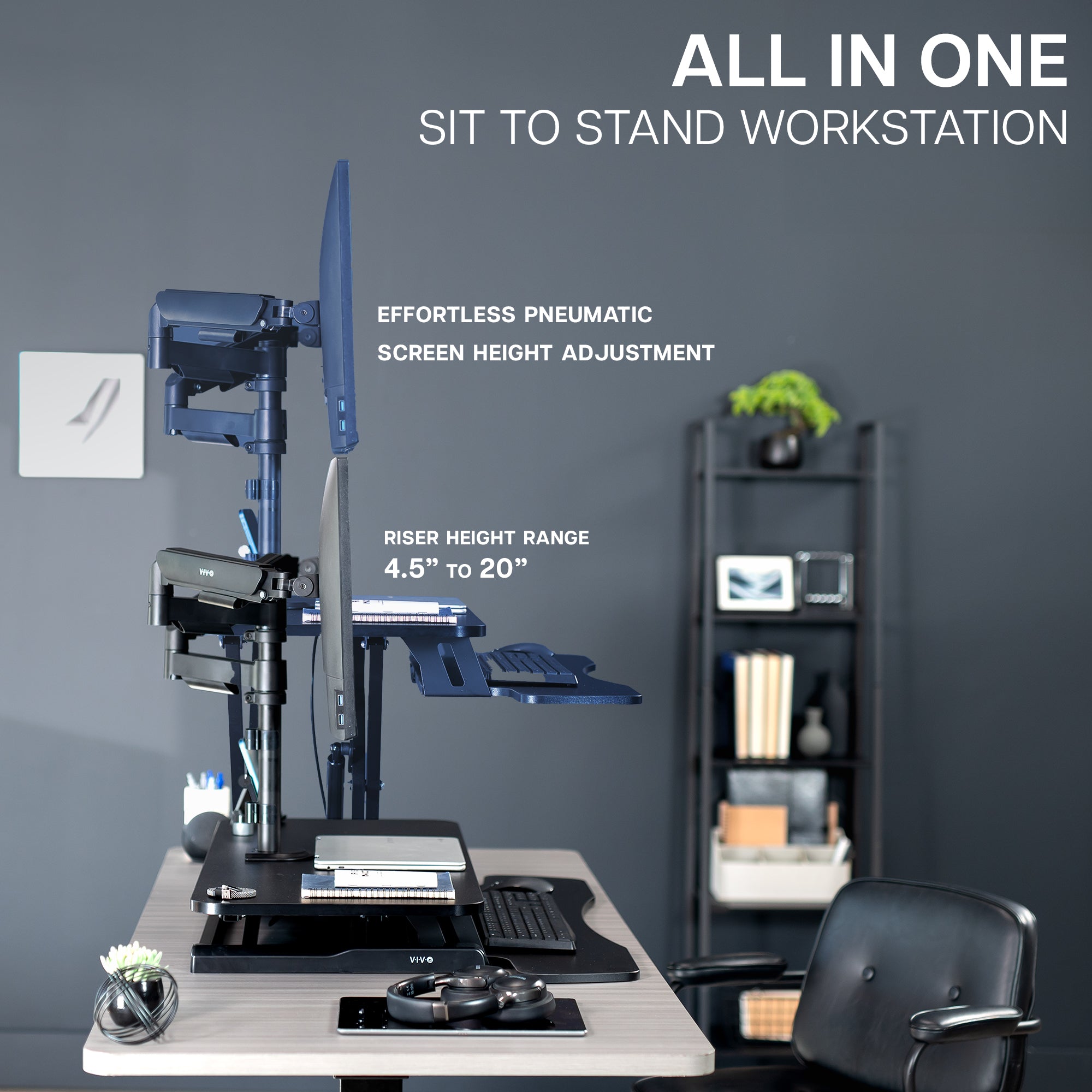 42 inch height adjustable desk riser with articulating mechanical dual monitor mount.