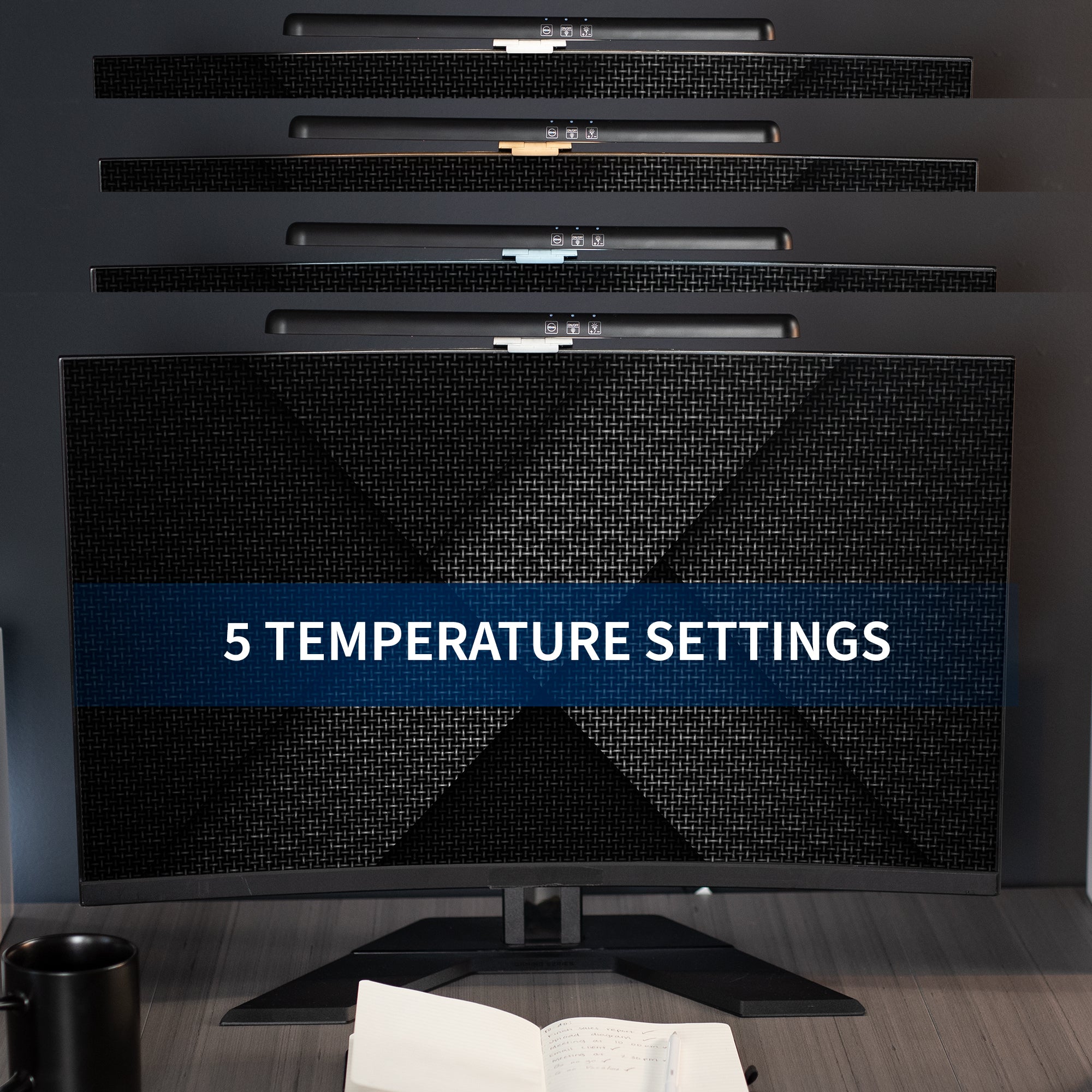 LED light bar for curved monitors powered by USB connection with brightness adjustment and color temperature settings for brighter workstation with no screen glare and increased desk space.