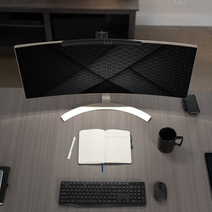 LED light bar for curved monitors powered by USB connection with brightness adjustment and color temperature settings for brighter workstation with no screen glare and increased desk space.