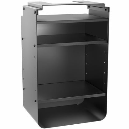 An under desk black shelving unit with multiple shelves.
