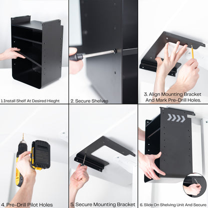 An under desk black shelving unit with text showing easy install. 